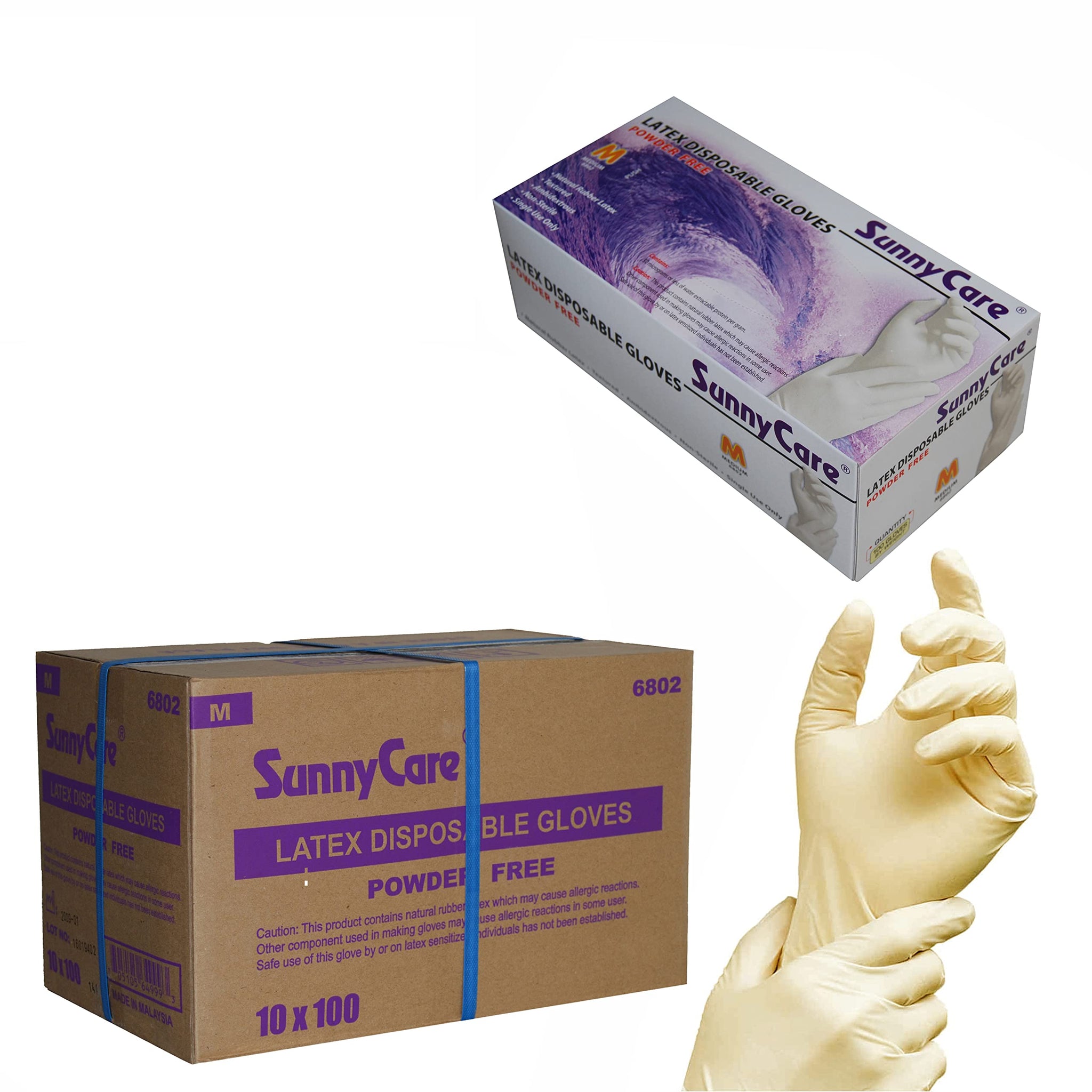 SunnyCare Latex Disposable Gloves Powder-Free, Box of 100, Total of 10 Boxes, Medium (1000 Count)