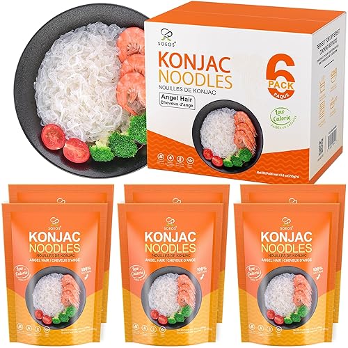 Soeos Konjac Noodles, Angel Hair Pasta, 8.8 oz (250g)*6 Pack, Low Calorie, Low Carb, Keto and Paleo Friendly Shirataki Noodle, Gluten-Free, Fat Free