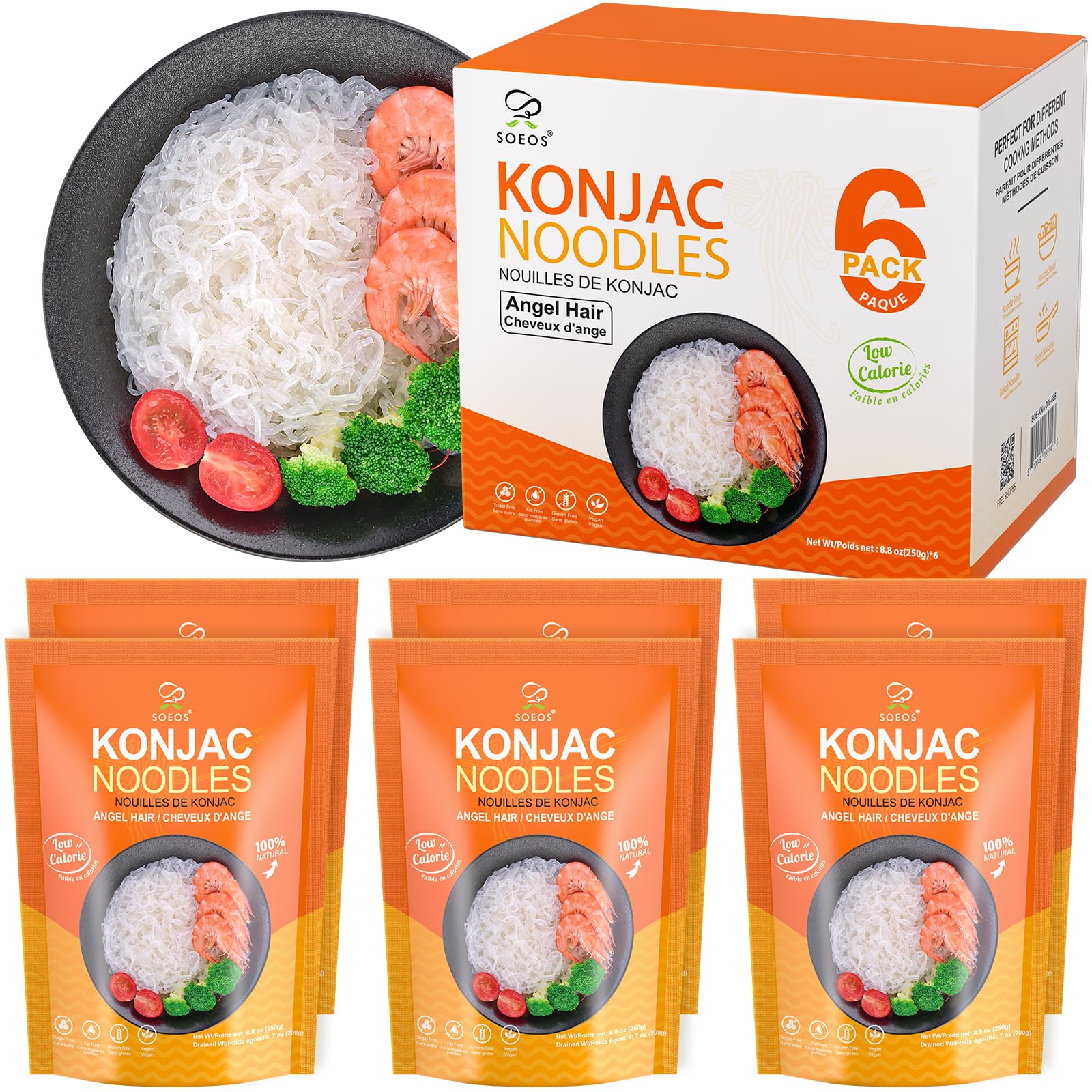 Soeos Konjac Noodles, Angel Hair Pasta, 8.8 oz (250g)*6 Pack, Low Calorie, Low Carb, Keto and Paleo Friendly Shirataki Noodle, Gluten-Free, Fat Free