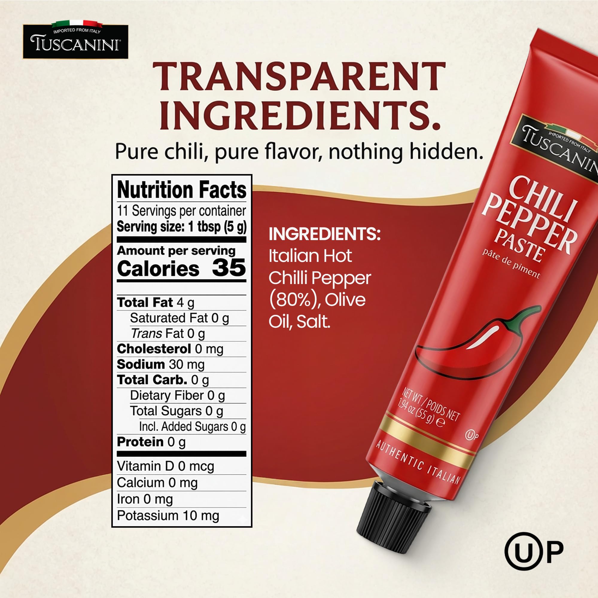 Tuscanini Italian Chili Pepper Paste, 1.94 oz | Made with Olive Oil | 3 Ingredients | Hot Chili Paste in Squeeze Tube | Bold Spicy Condiment