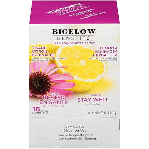 Bigelow Benefits Stay Well Lemon and Echinacea Herbal Tea Pods, 16-Count Box (Pack of 1) Caffeine-Free Individual Herbal Tisane Bags, for Hot Tea or