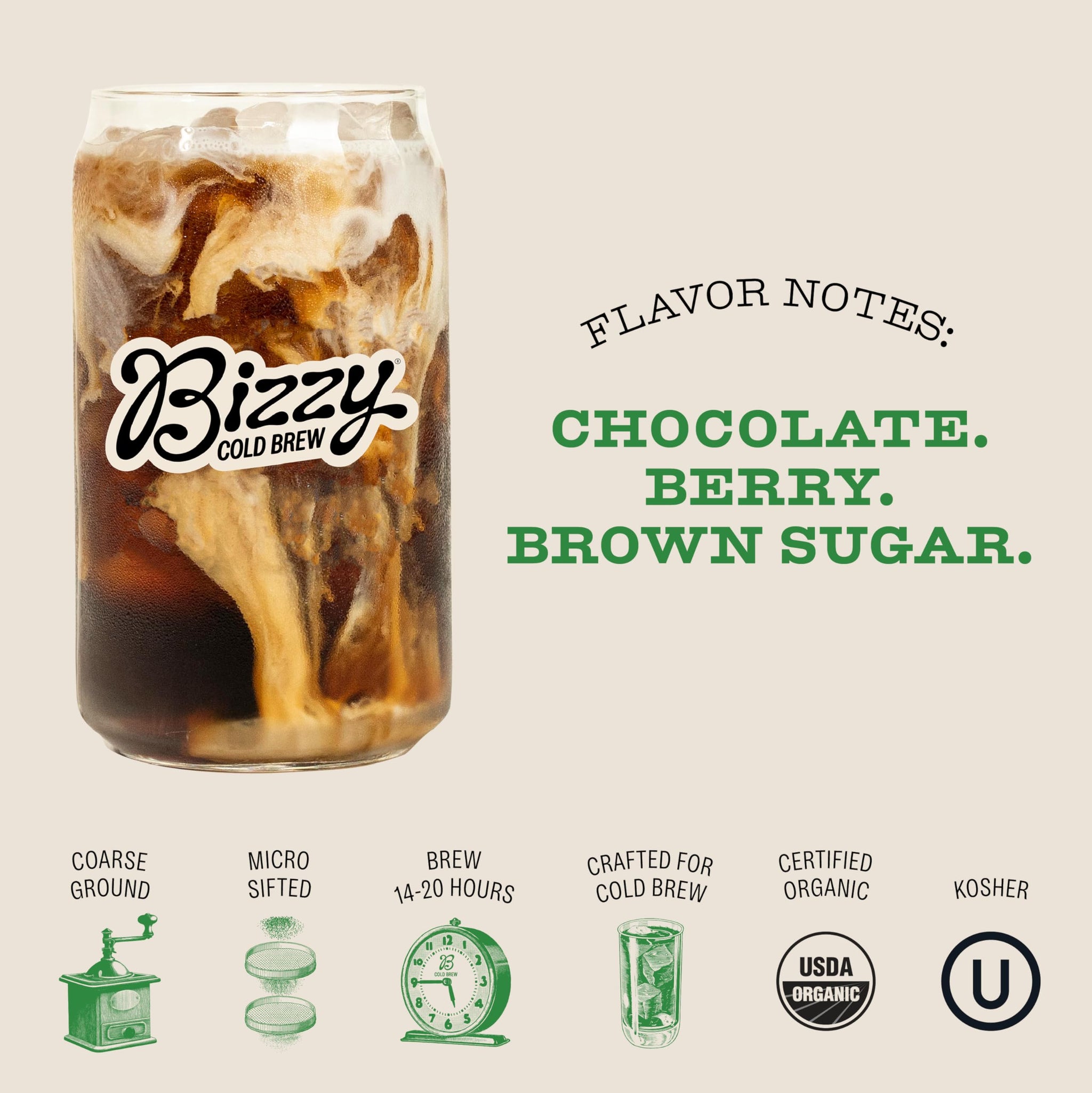 Bizzy Organic Cold Brew Coffee | Espresso Blend | Coarse Ground Coffee | Medium-Dark Roast | Micro Sifted | Specialty Grade | 100% Arabica | 1 LB