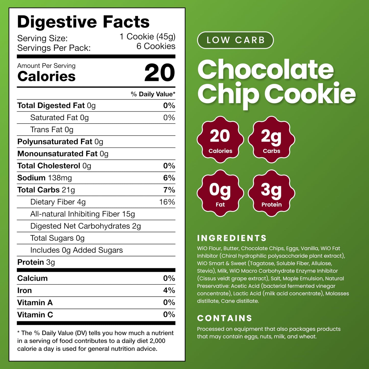 WiO SmartFoods™ Chocolate Chip Cookies, 6-Count Low-Carb, Fat-Free, Sugar-Free, Keto-Friendly Cookies, Delicious Soft Treats, Healthy Snack, Gourmet