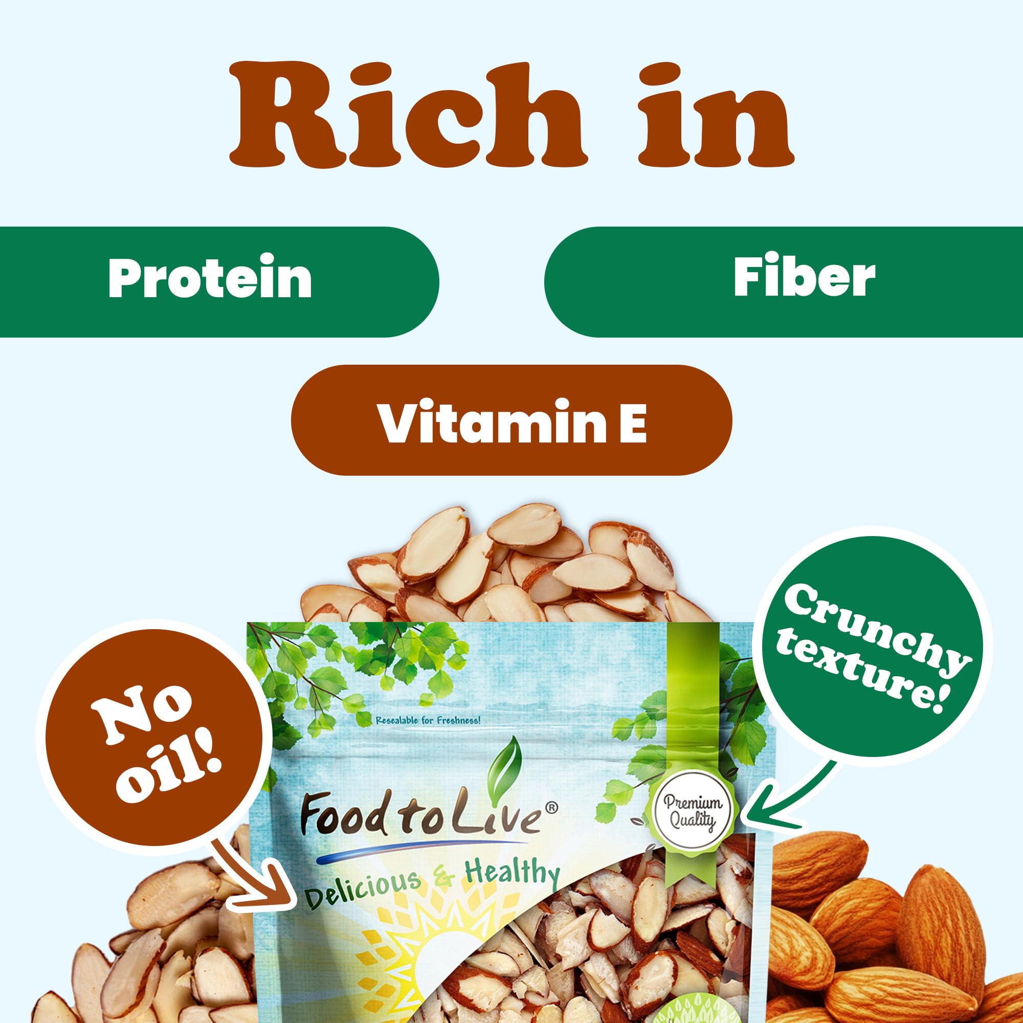 Food to Live Dry Roasted Natural Sliced Almonds with Himalayan Salt, 1.5 Pounds - Unblanched Nuts, Oven Toasted, Lighly Salted, No Oil Added, Perfect