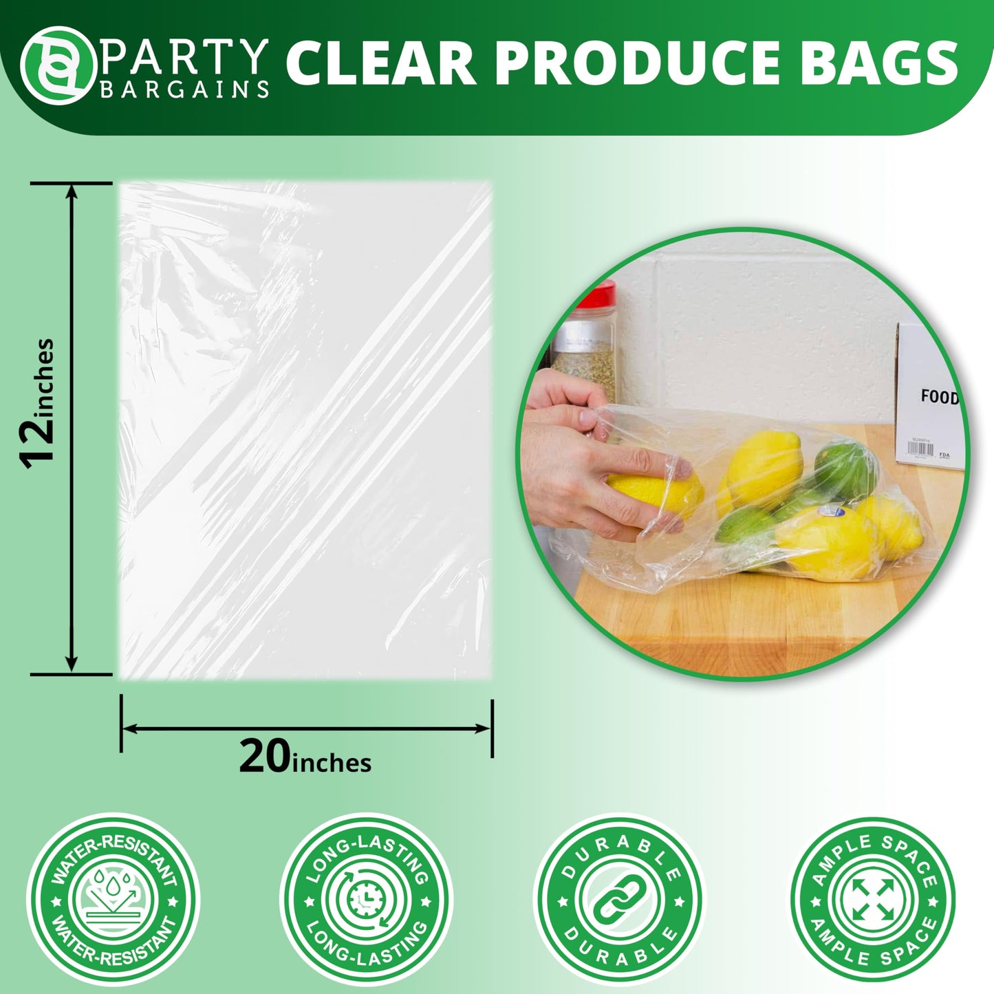 PARTY BARGAINS 20 x 12 Inch Clear Plastic Produce Bags on a Roll, 1400 Count - Food-Grade Polyethylene Grocery Bags for Fruits, Vegetables, Bread