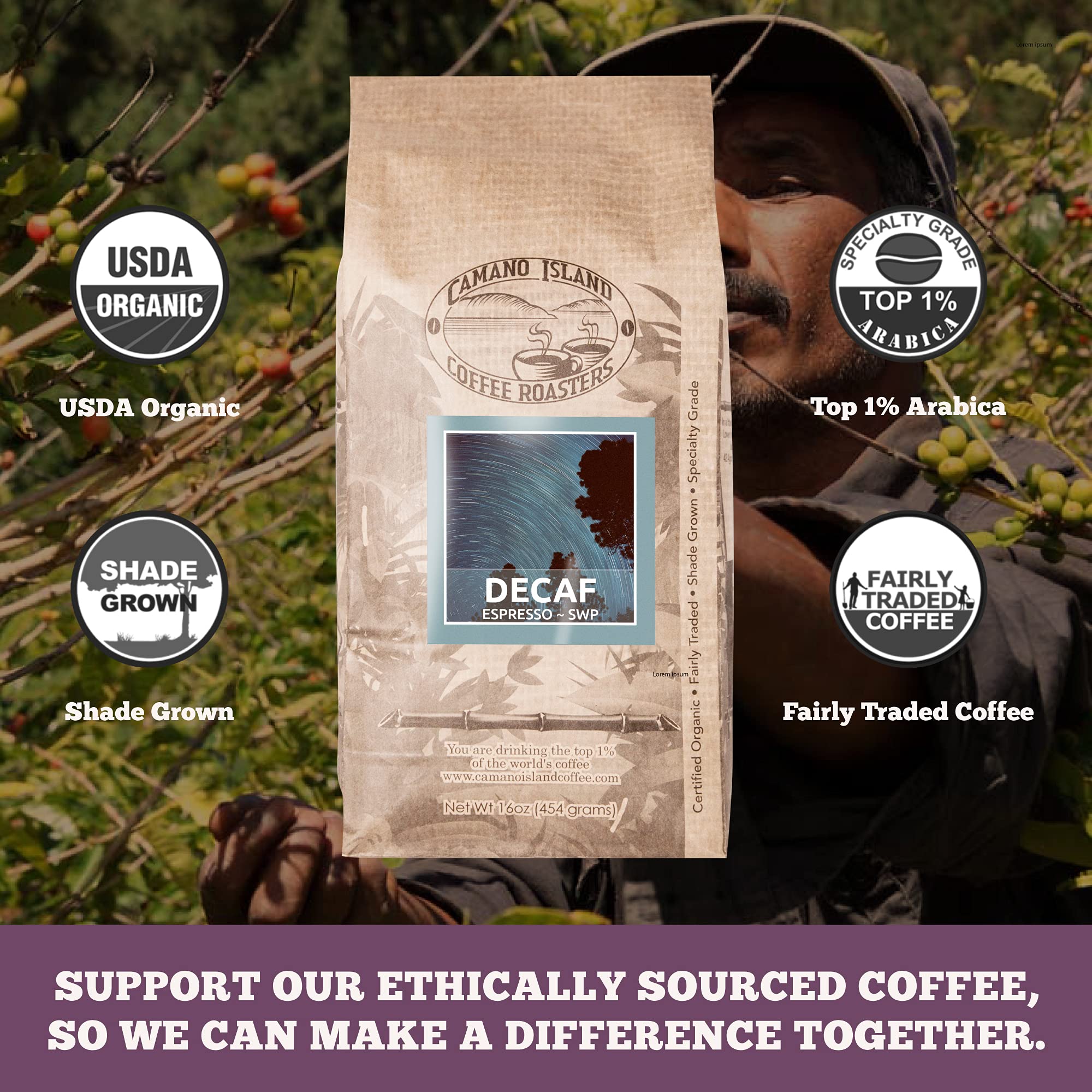 Camano Island Coffee Roasters Decaf Espresso Blend, Whole Bean 1lb, Fresh Dark Roast Swiss Water Processed, USDA Organic, Fairly Traded, Shade Grown