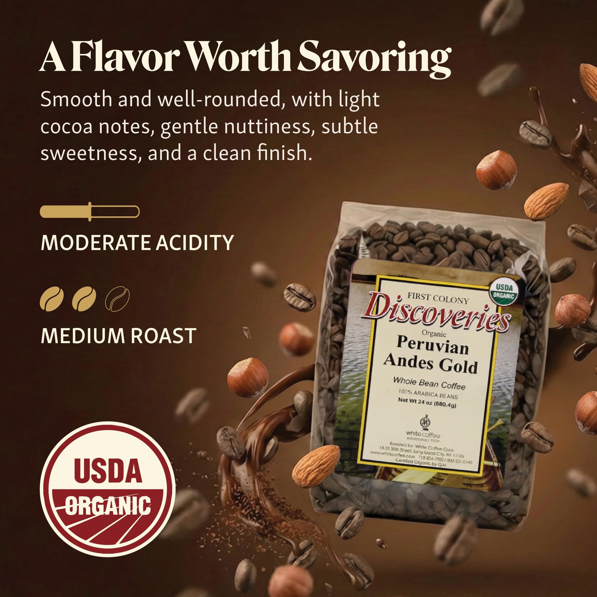 First Colony Organic Whole Bean Coffee, Peruvian Andes Gold, Medium Roast, USDA Organic, 100% Arabica Beans, 24oz Bag, Light Cocoa & Gentle Nutty