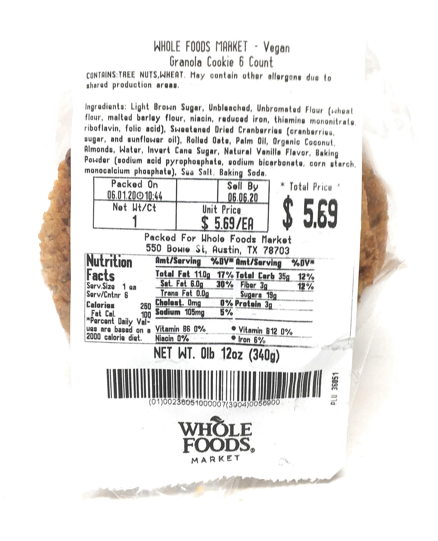 Whole Foods Market, Cookie Granola Vegan 6 Count, 12.6 Ounce
