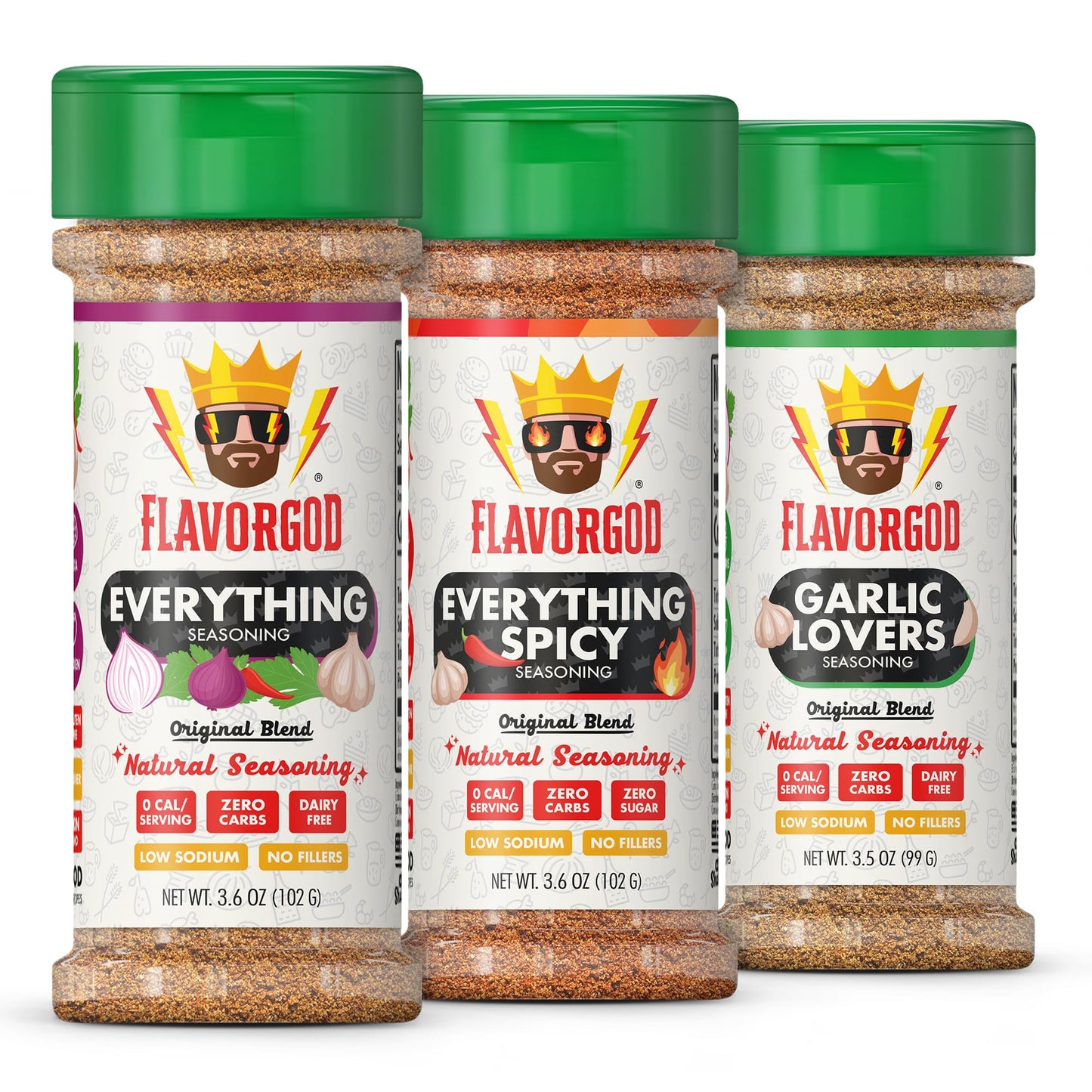 Flavor God Classic Combo Pack of 3 Herb, Spice & Seasoning Gift Set, Everything, Everything Spicy, Garlic Lovers, Natural Healthy Spice Blend, Low