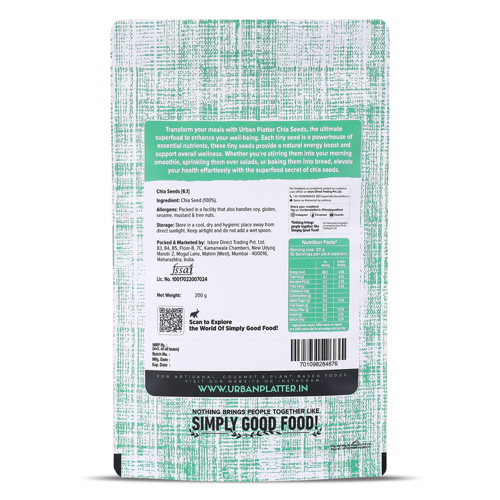 Urban Platter Healthy Bowl Raw Chia Seeds 200g