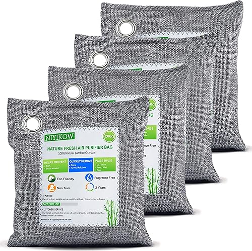NIYIKOW Charcoal Bags Odor Absorber (Large, 4Pack x 200g), Nature Fresh Bamboo Charcoal Air Purifying Bags, Activated Charcoal Odor Absorber for Home