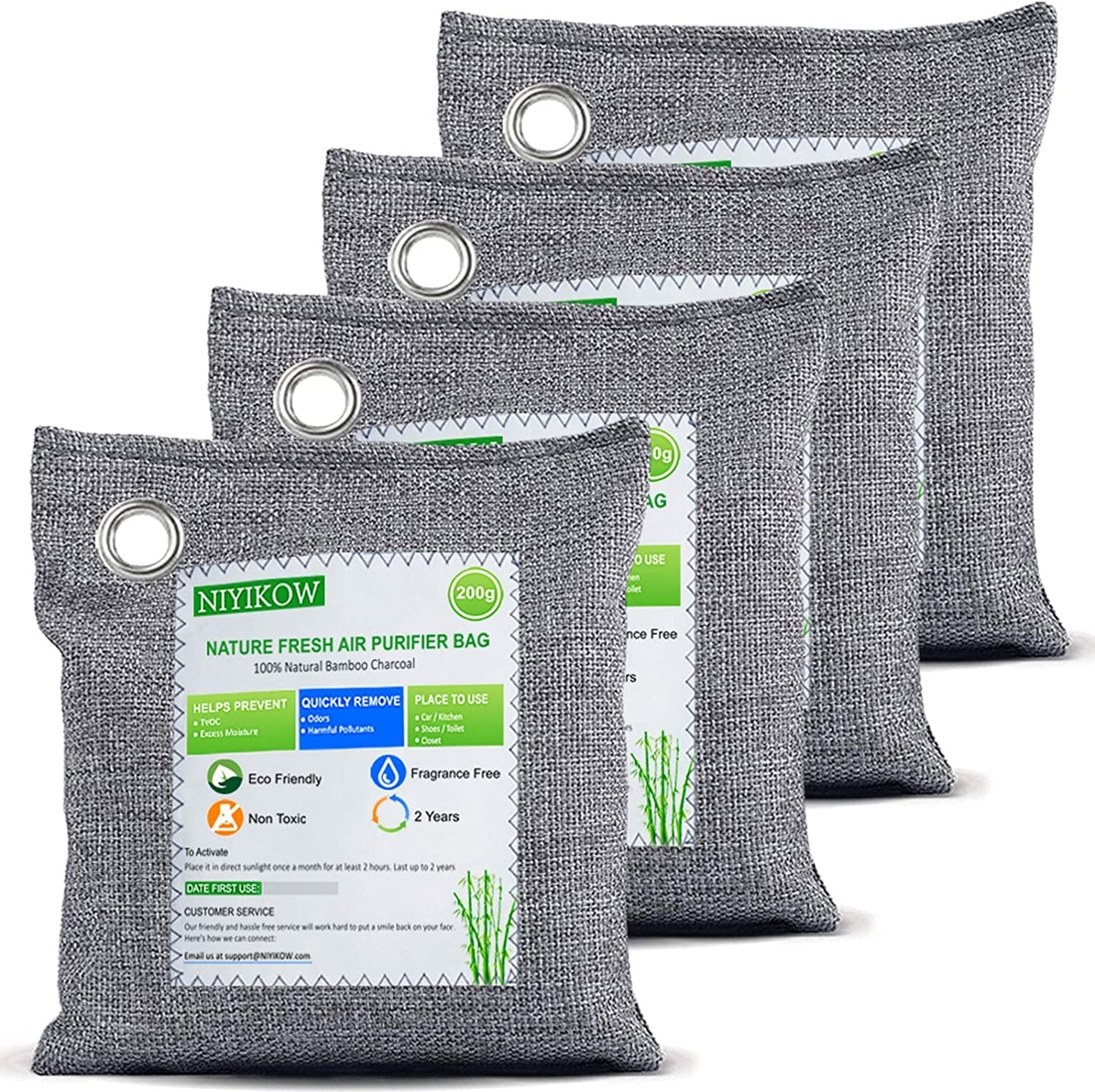 NIYIKOW Charcoal Bags Odor Absorber (Large, 4Pack x 200g), Nature Fresh Bamboo Charcoal Air Purifying Bags, Activated Charcoal Odor Absorber for Home