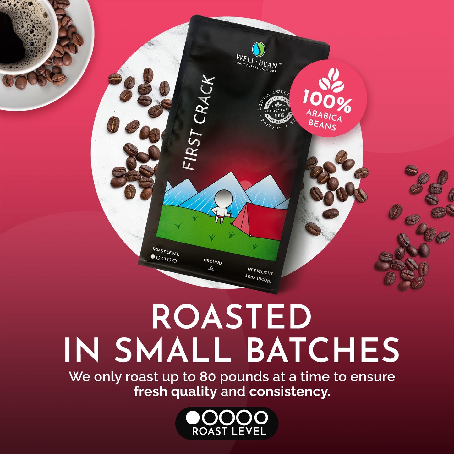Well-Bean Coffee, First Crack, Ground, Light Roast, Breakfast Blend, Honduras Organic Coffee Beans, High Grown, Sun-dried, Small-Batch Roasted, 12 oz