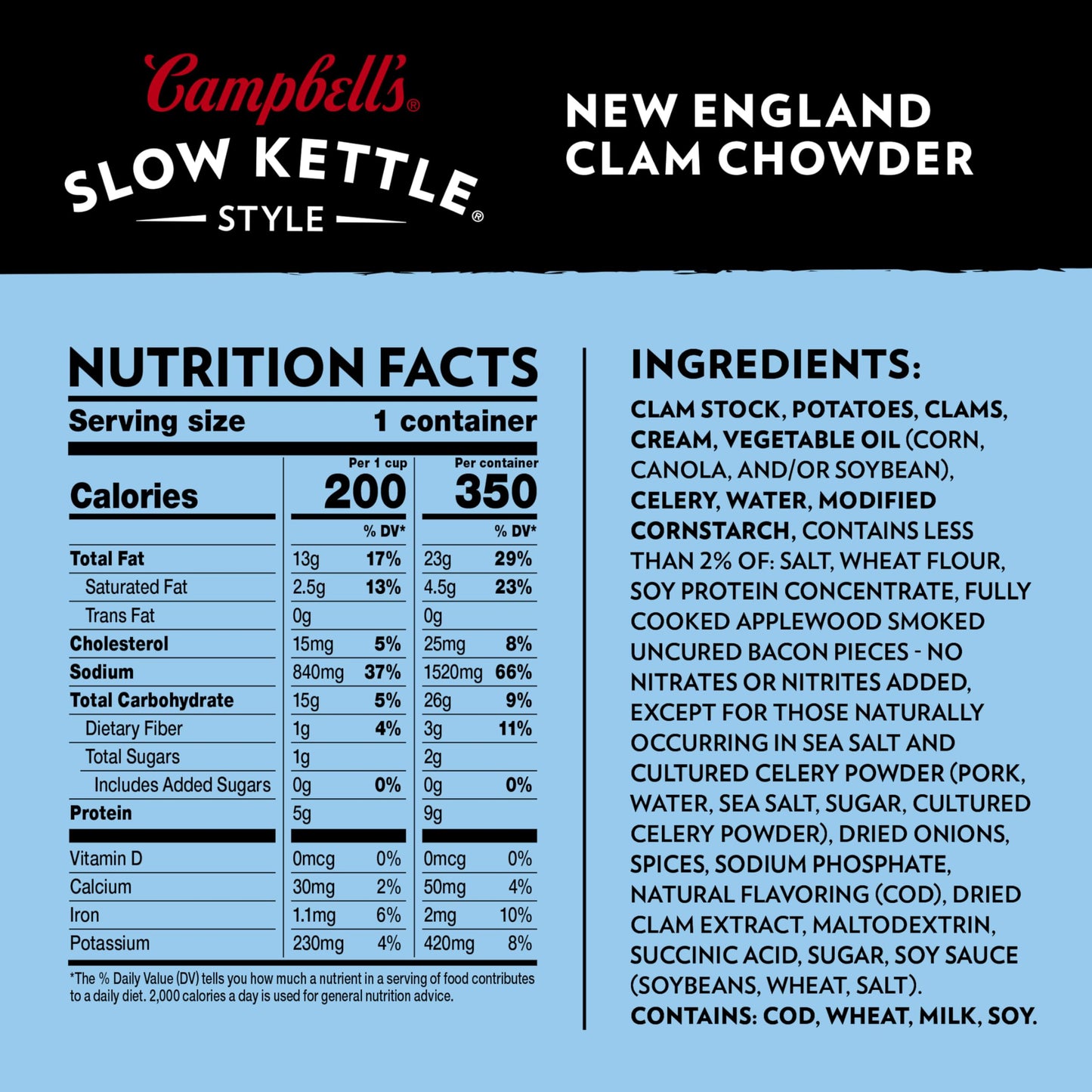 Campbell's Slow Kettle Style New England Clam Chowder, 15.5 oz. Tub