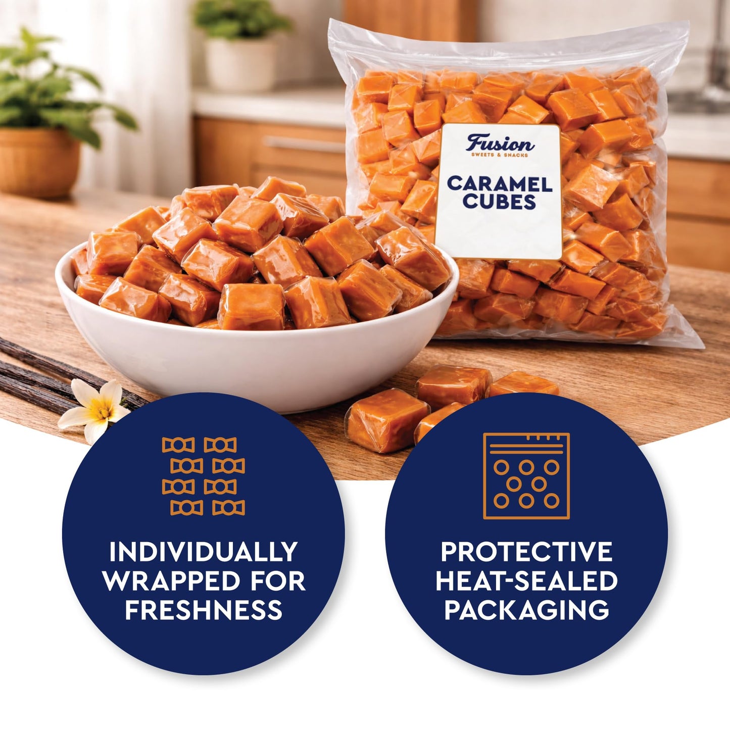 Caramel Cubes Candy - 2 Pound Bulk Bag, Individually Wrapped - Vanilla Caramel Candy Soft Classic Chewy Candy, For Baking, Holidays, Snacking Or Any
