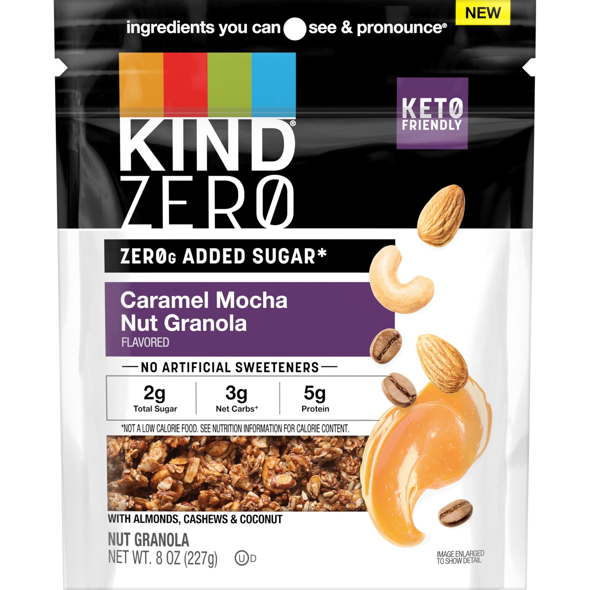 KIND Zero Added Sugar Granola, Caramel Mocha Nut, Gluten Free, Low Sugar, Keto Snacks, 5g Protein, 8oz, 5 Count