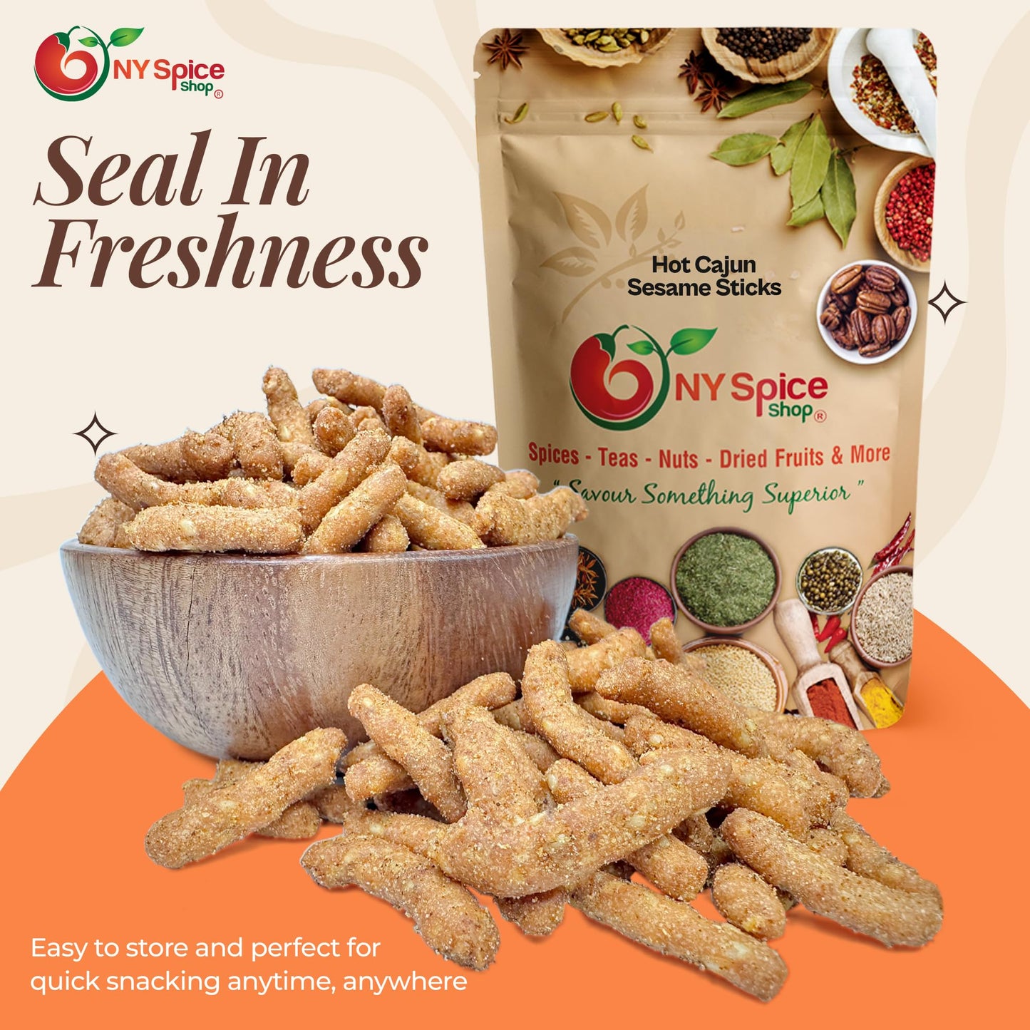 NY Spice Shop Cajun Sesame Sticks - 3 Pound Spicy Cajun Sesame Toasted Snack Mix - Crunchy Hot Flavor Bites - Finger Munchies Savory Party Treats