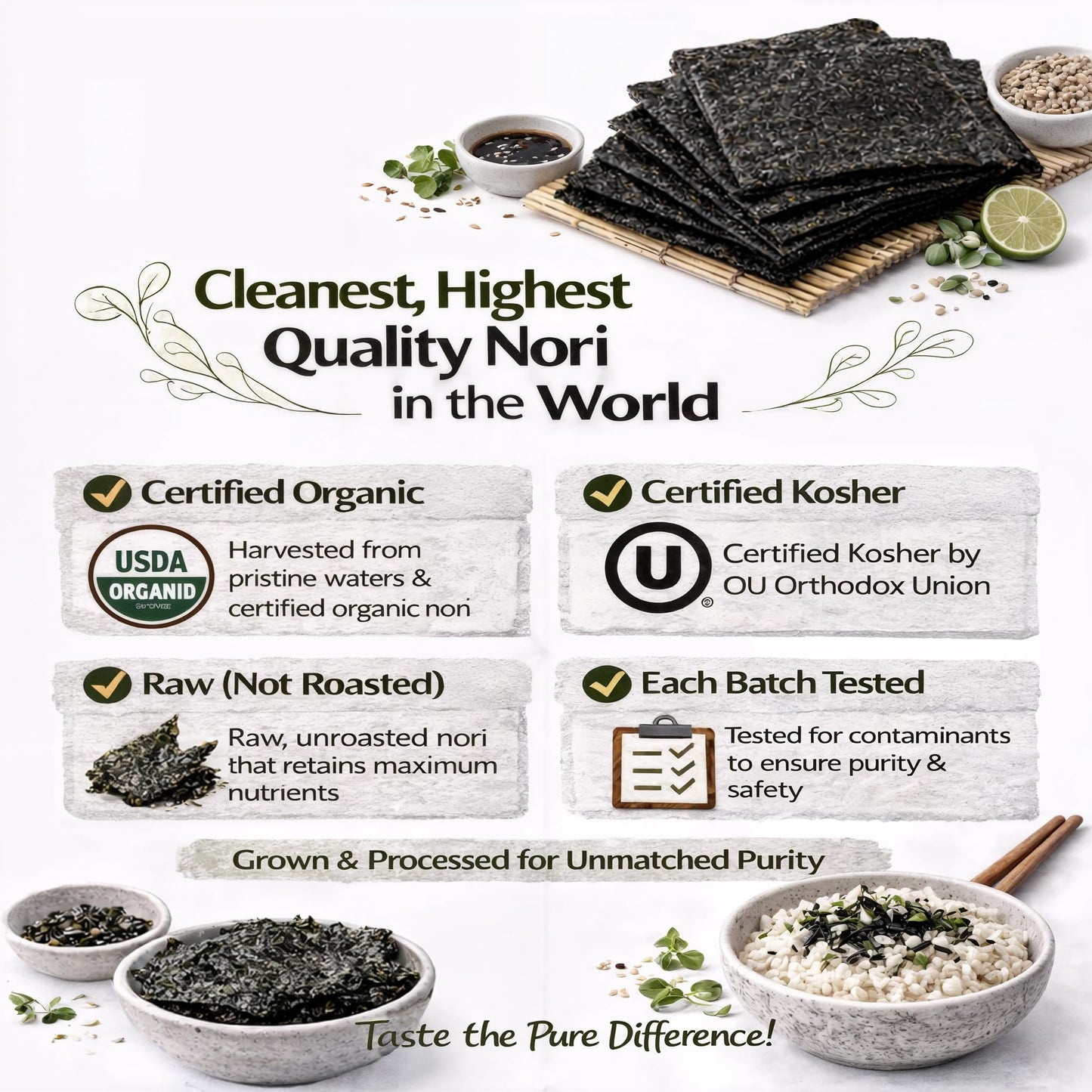 Raw Organic Nori 100 Sheets Pack - Certified Vegan, Raw, Kosher Sushi Wrap Papers - Premium Unheated, Un Cooked - NOT Toasted - BULK BUY save!