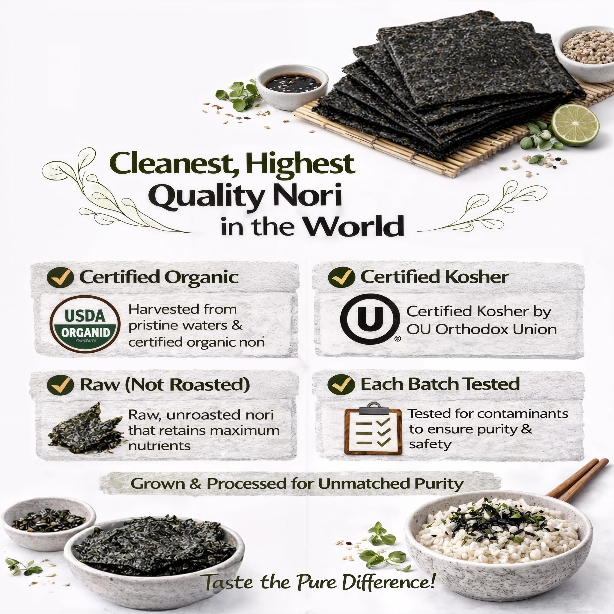 Raw Organic Nori 100 Sheets Pack - Certified Vegan, Raw, Kosher Sushi Wrap Papers - Premium Unheated, Un Cooked - NOT Toasted - BULK BUY save!