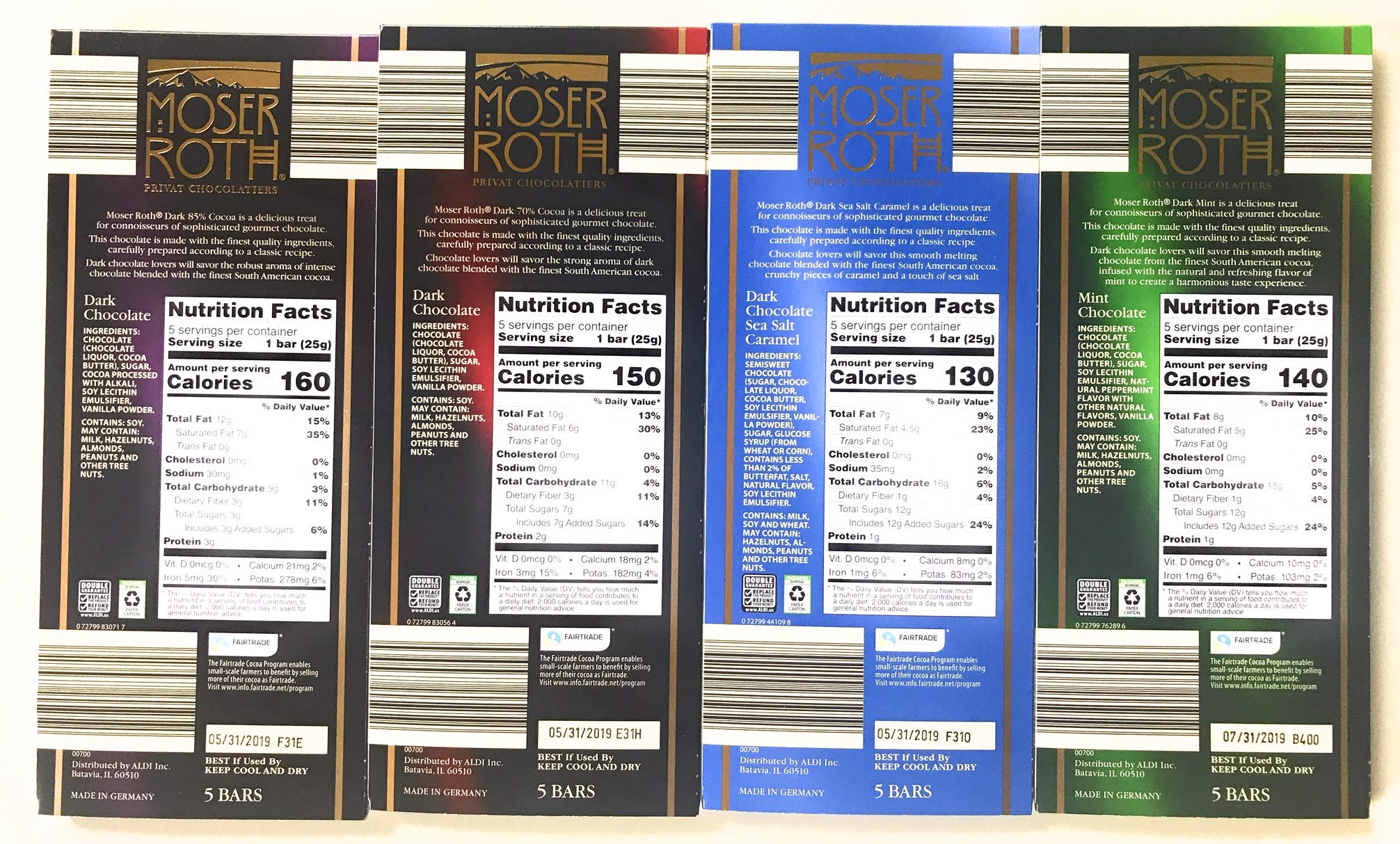 German Dark Chocolate Bundle of Four Varieties. Moser Roth 85%, 70%, Dark Sea Salt and Caramel and Dark Mint. Fresh Import from Germany
