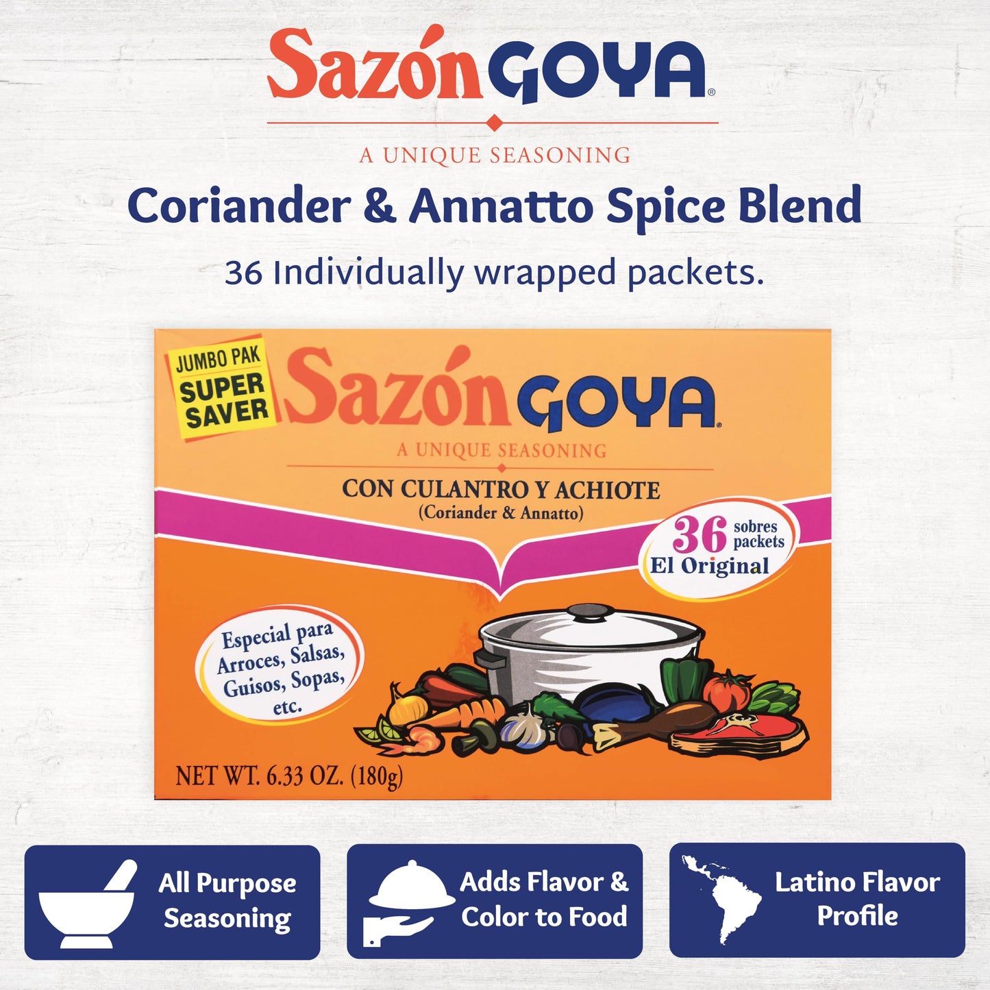 Goya Sazón Seasoning with Coriander & Annatto, Seafood, Pack of 3, 6.33 oz