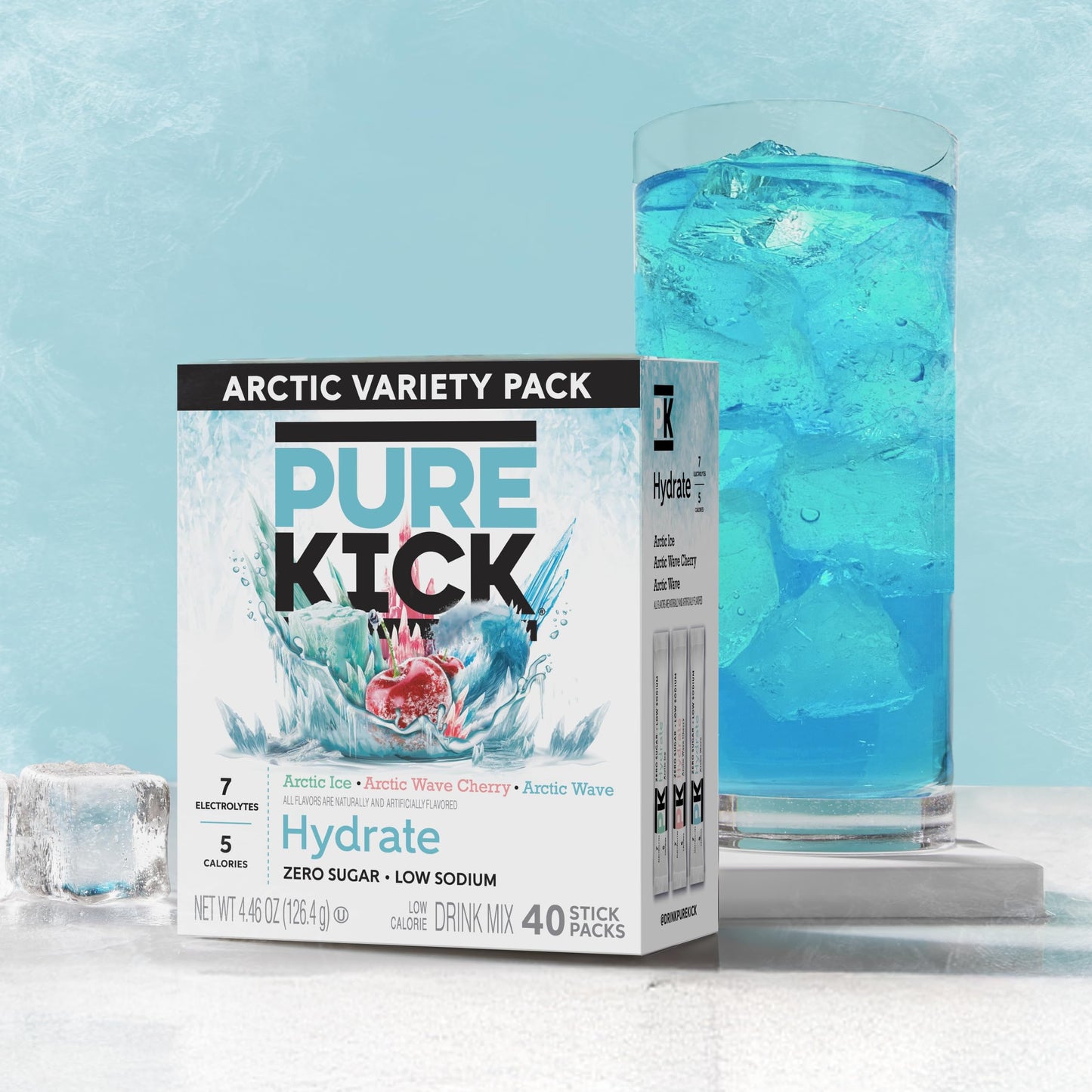 Pure Kick Arctic hydration Variety pack Singles to Go Powdered Drink Mix, Arctic Wave, Arctic Wave Cherry, Arctic Ice, 40 Count Packets