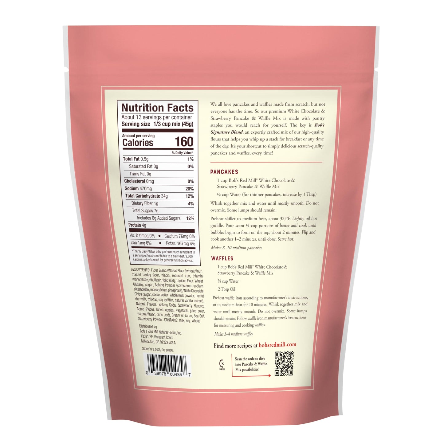 Bob’s Red Mill White Chocolate & Strawberry Pancake/Waffle Mix, 20 Ounce (Pack of 1) - Just Add Water, Makes 32-40 Pancakes per Bag