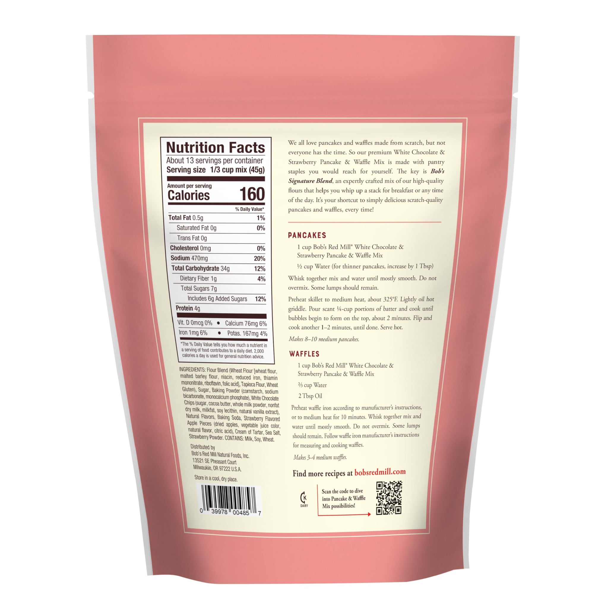 Bob’s Red Mill White Chocolate & Strawberry Pancake/Waffle Mix, 20 Ounce (Pack of 1) - Just Add Water, Makes 32-40 Pancakes per Bag