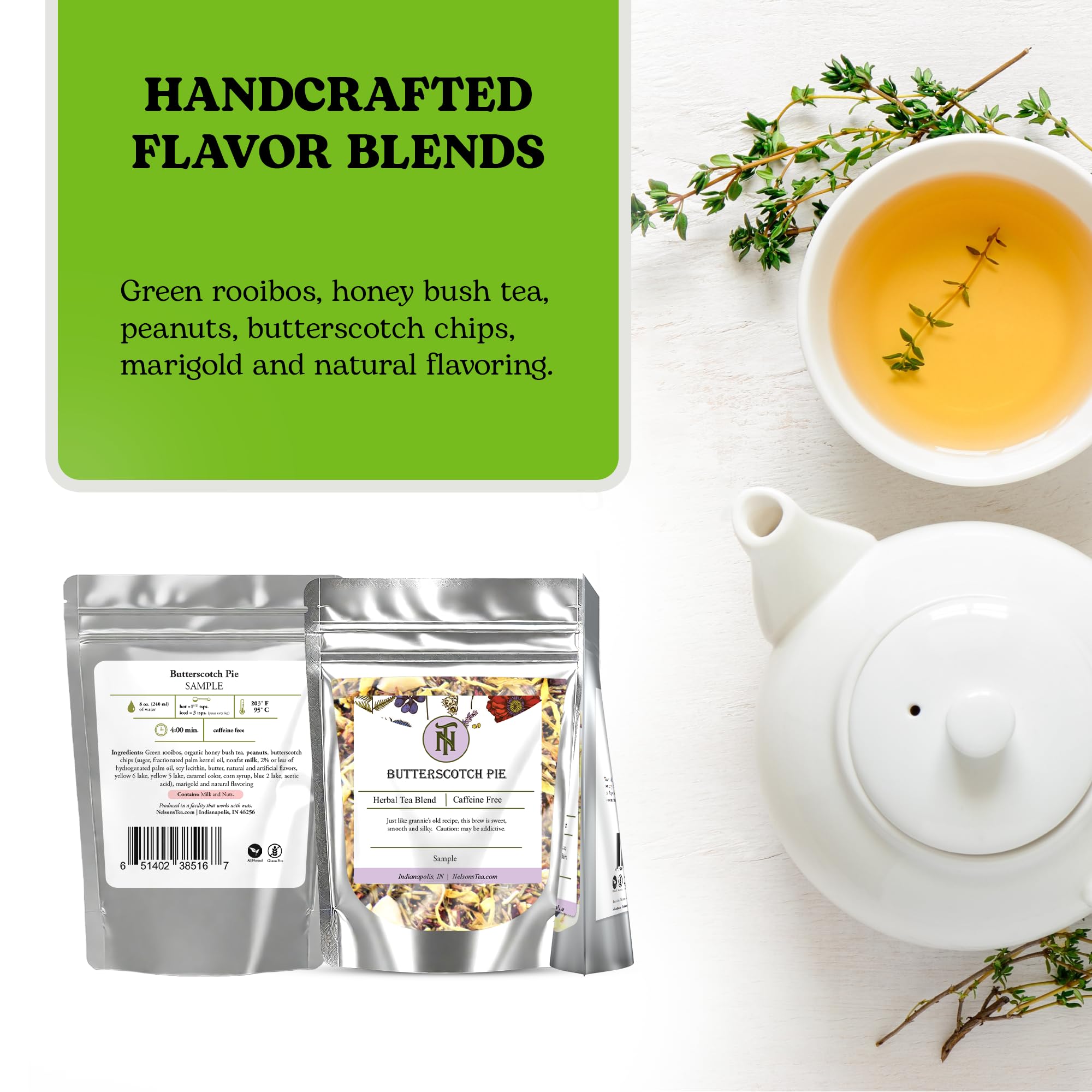 Nelson's Tea - Butterscotch Pie - Caffeine-Free - Herbal Loose Leaf Tea - Green rooibos, Honey bush tea, Peanuts, Butterscotch chips, Milk