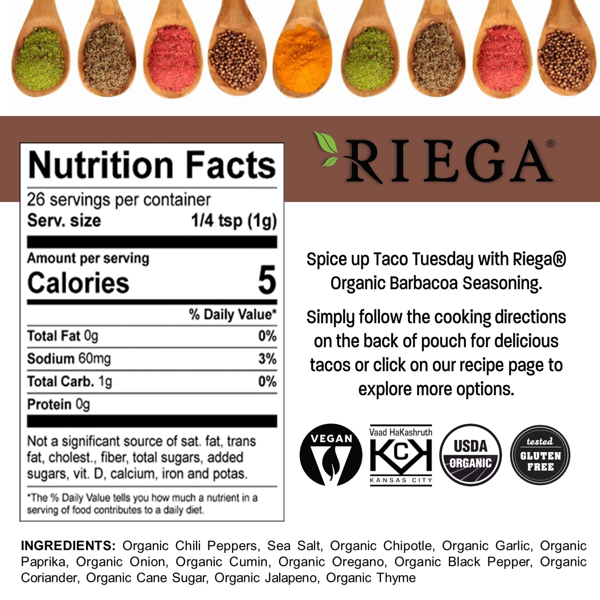 Riega Street Taco Seasoning, Organic Mexican Spice Blend for Cooking Authentic Meals, Barbacoa, 0.9 oz Packets, 8 Count
