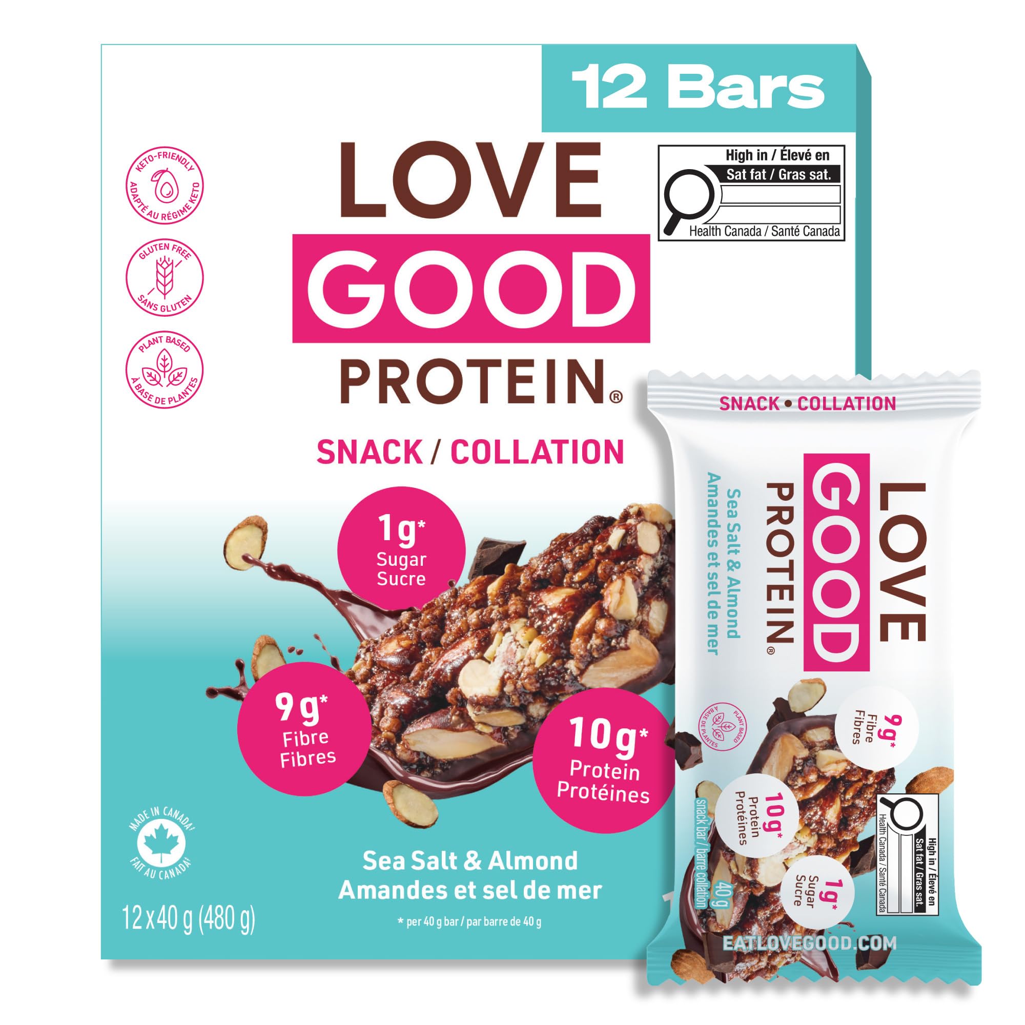 LOVE GOOD FATS Dark Chocolatey Sea Salt & Almond Bar 12 Count, 40 GR