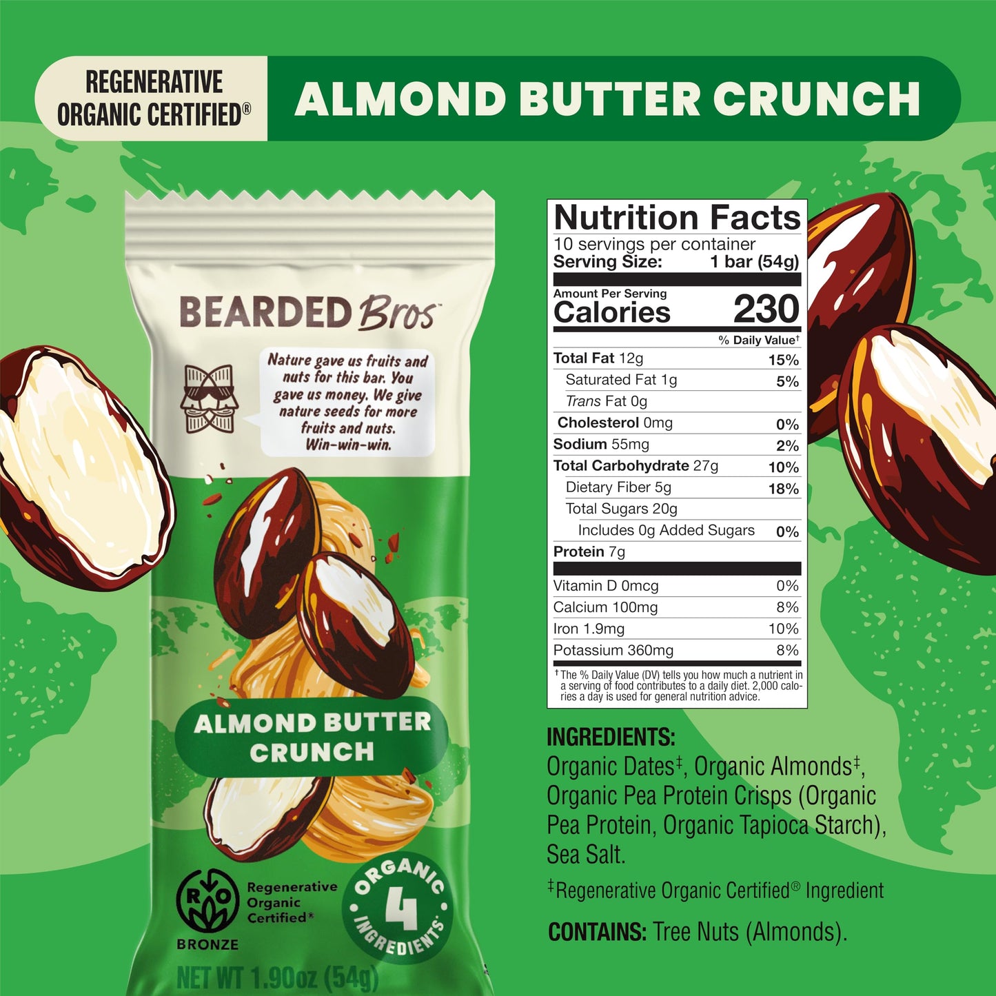 Bearded Brothers Organic Vegan Energy Bars - Gluten & Soy Free, Paleo, Whole 30 | Non GMO, Low Glycemic, High Protein, Fiber (10 Pack, Almond Butter
