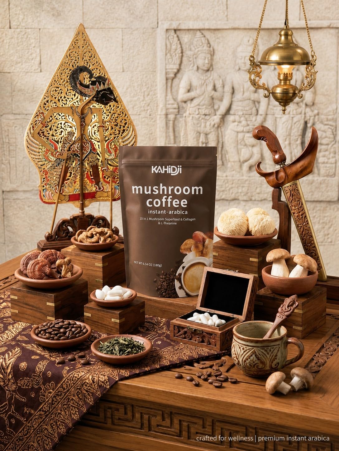 KAHIDJI Premium Mushroom Coffee with Collagen, 10 Mushroom Blend, Instant Coffee Mix, Caramel Macchiato Flavor, 180g