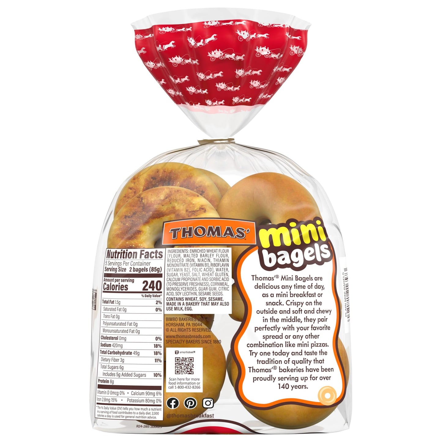 Thomas' Plain Mini Bagels, 10 Pre-Sliced Mini Bagels with No High Fructose Corn Syrup, 15 Oz Bag