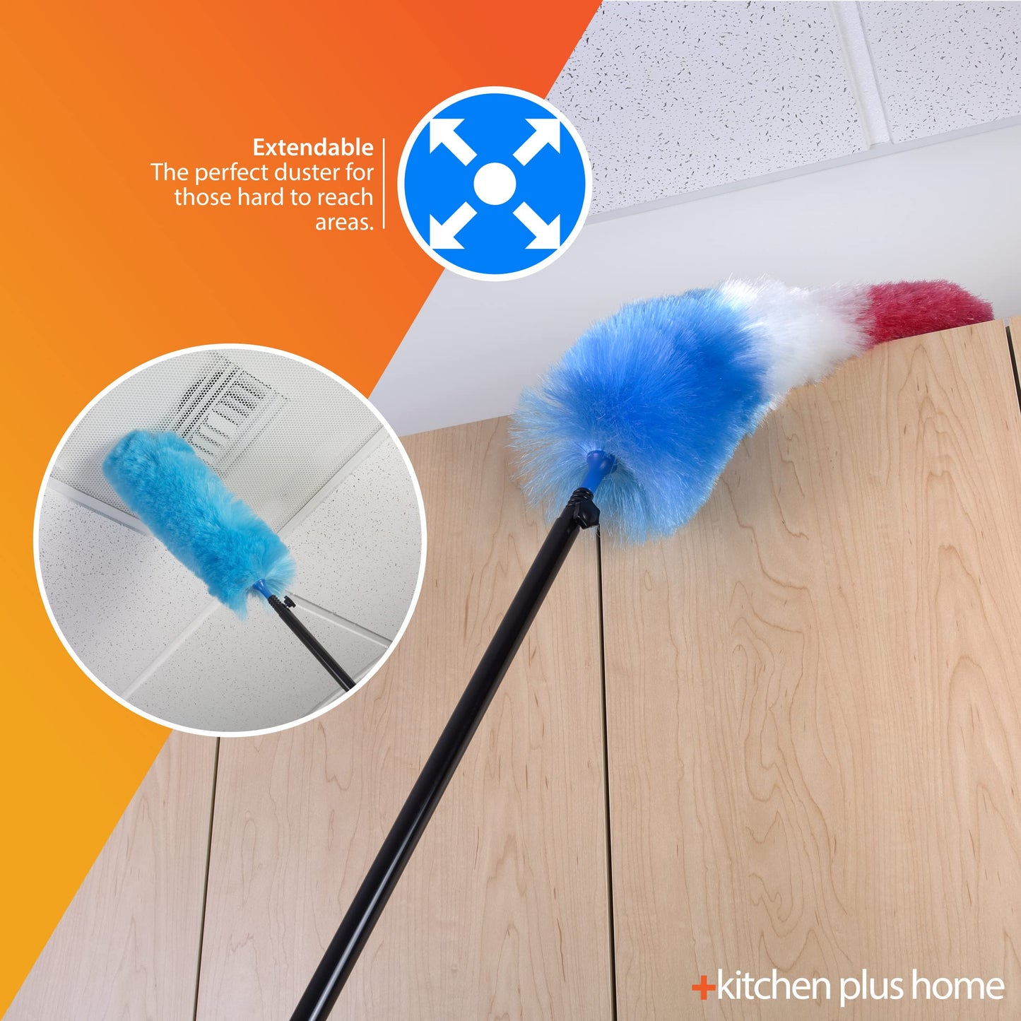 Kitchen + Home Large 27" Inch Static Duster with Bonus 35" Inch Extension Pole - Electrostatic Feather Duster attracts dust Like a Magnet! - Assorted