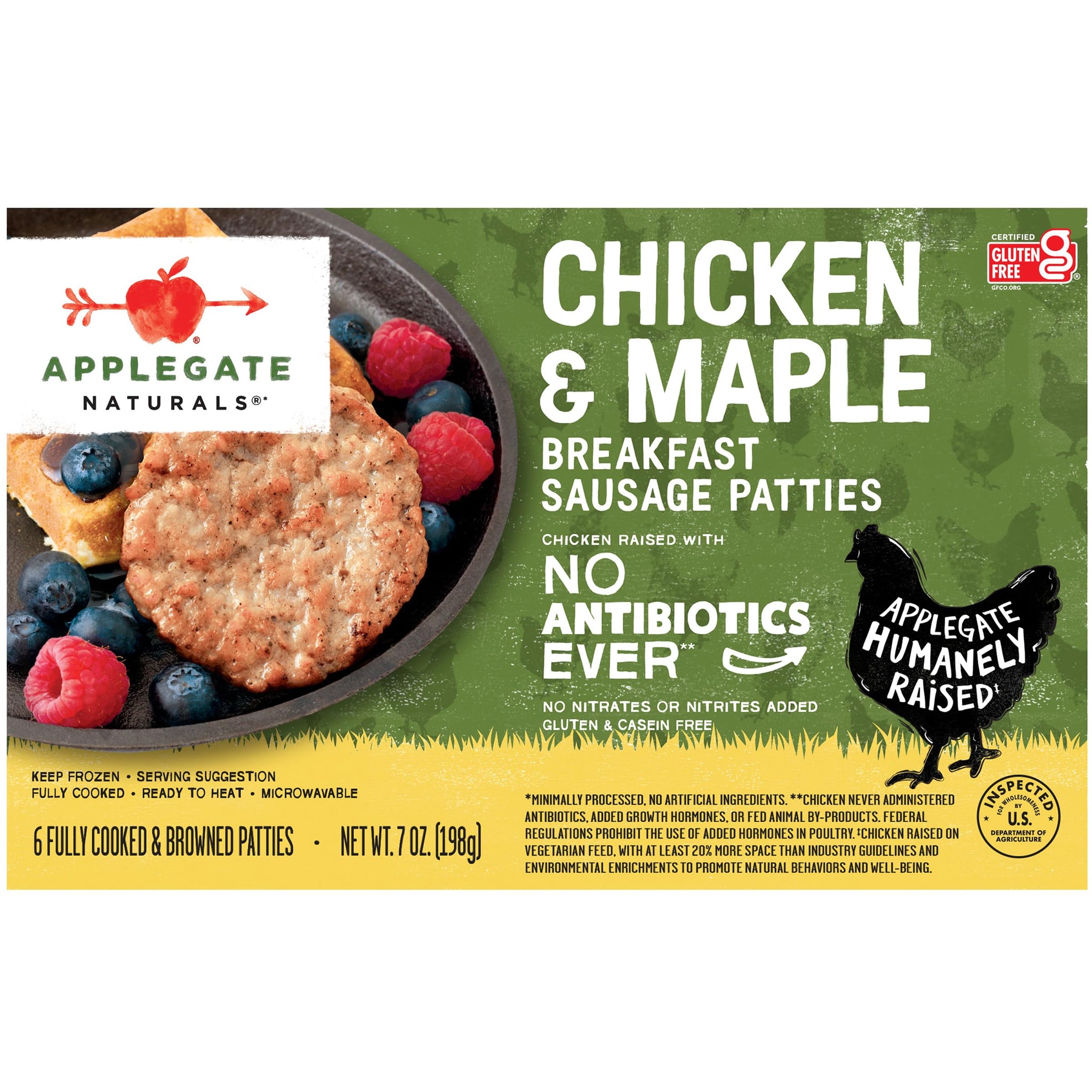 Applegate Naturals Chicken & Maple Breakfast Sausage Patties, Fully Cooked, 7oz (Frozen)