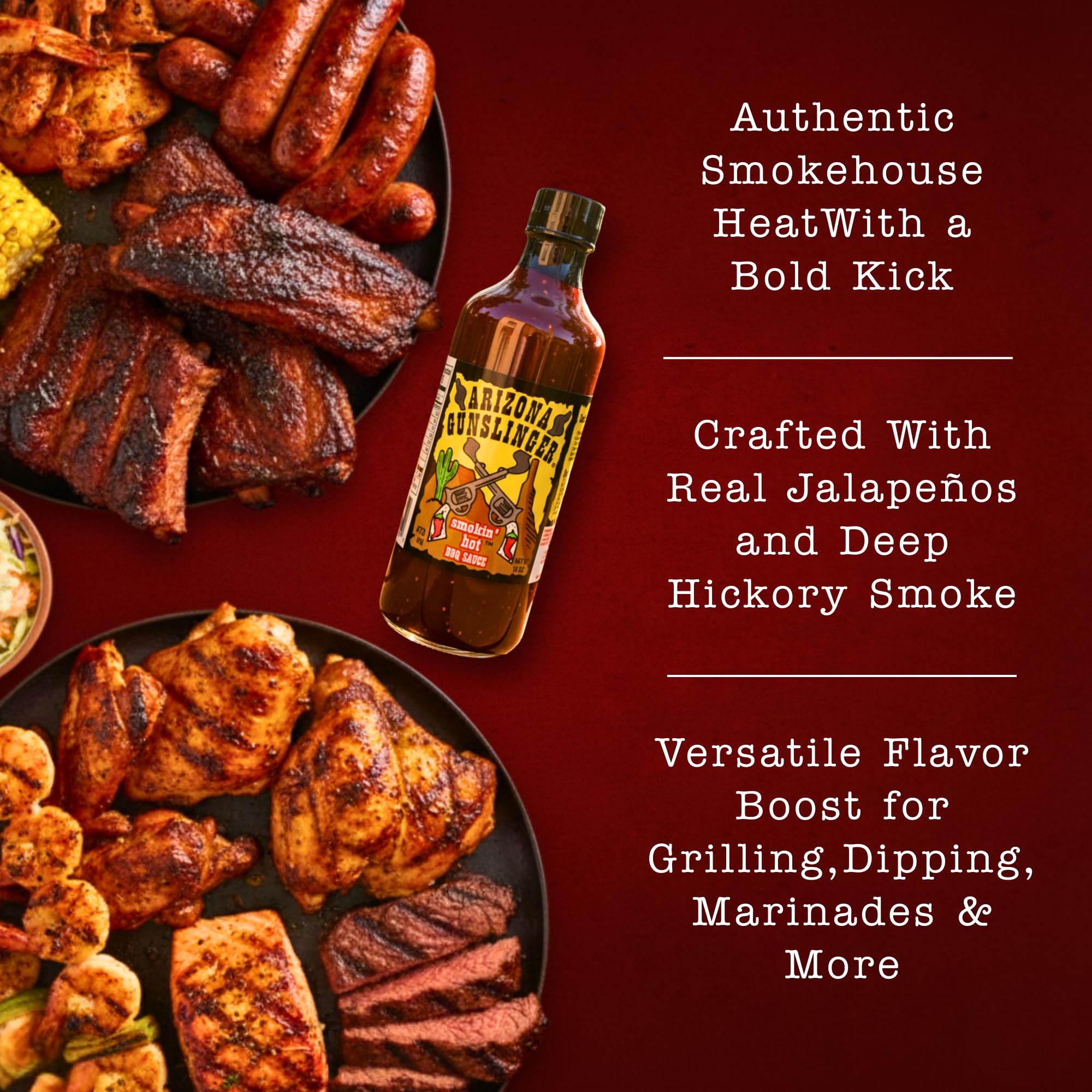 Arizona Gunslinger Smokin’ Hot BBQ Sauce, Gluten Free Wing Sauce, Low Calorie & Organic, Chicken Wings & Grilled Favorites, Ideal for Grilled Meats