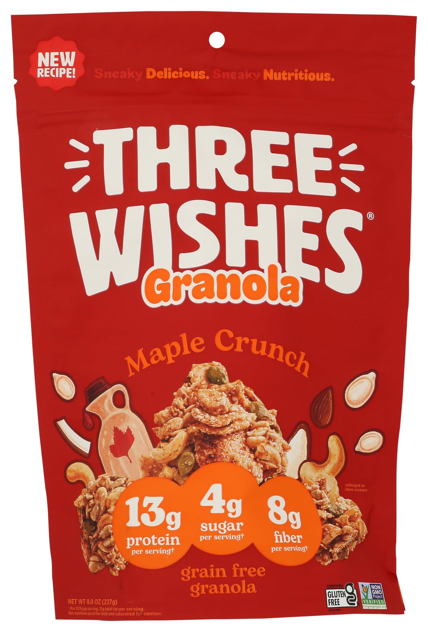 Three Wishes Granola, Maple Crunch (4-Pack) - Gluten Free Granola, 13g Protein & 4g Sugar Healthy Breakfast & On-the-Go Snack - Vegan, Kosher