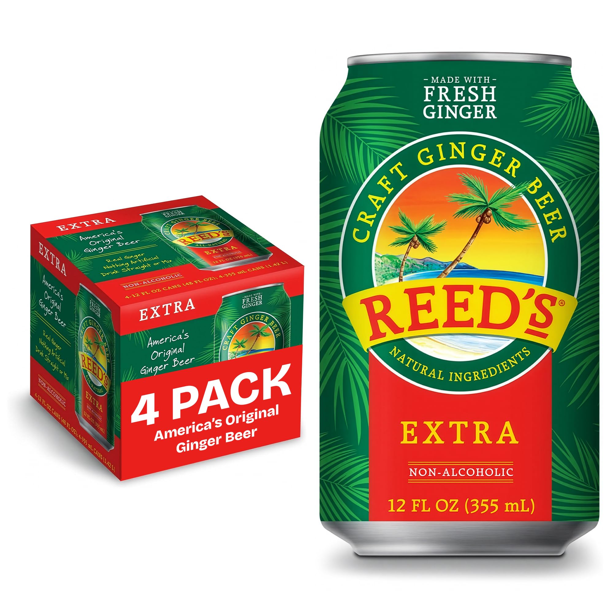 Reed's Extra Ginger Beer, Pack of 4 (12 fl oz Can each) - Non-Alcoholic Jamaican Real Sugar Brew Made w/ Fresh Organic Ginger Root - Ideal for Moscow