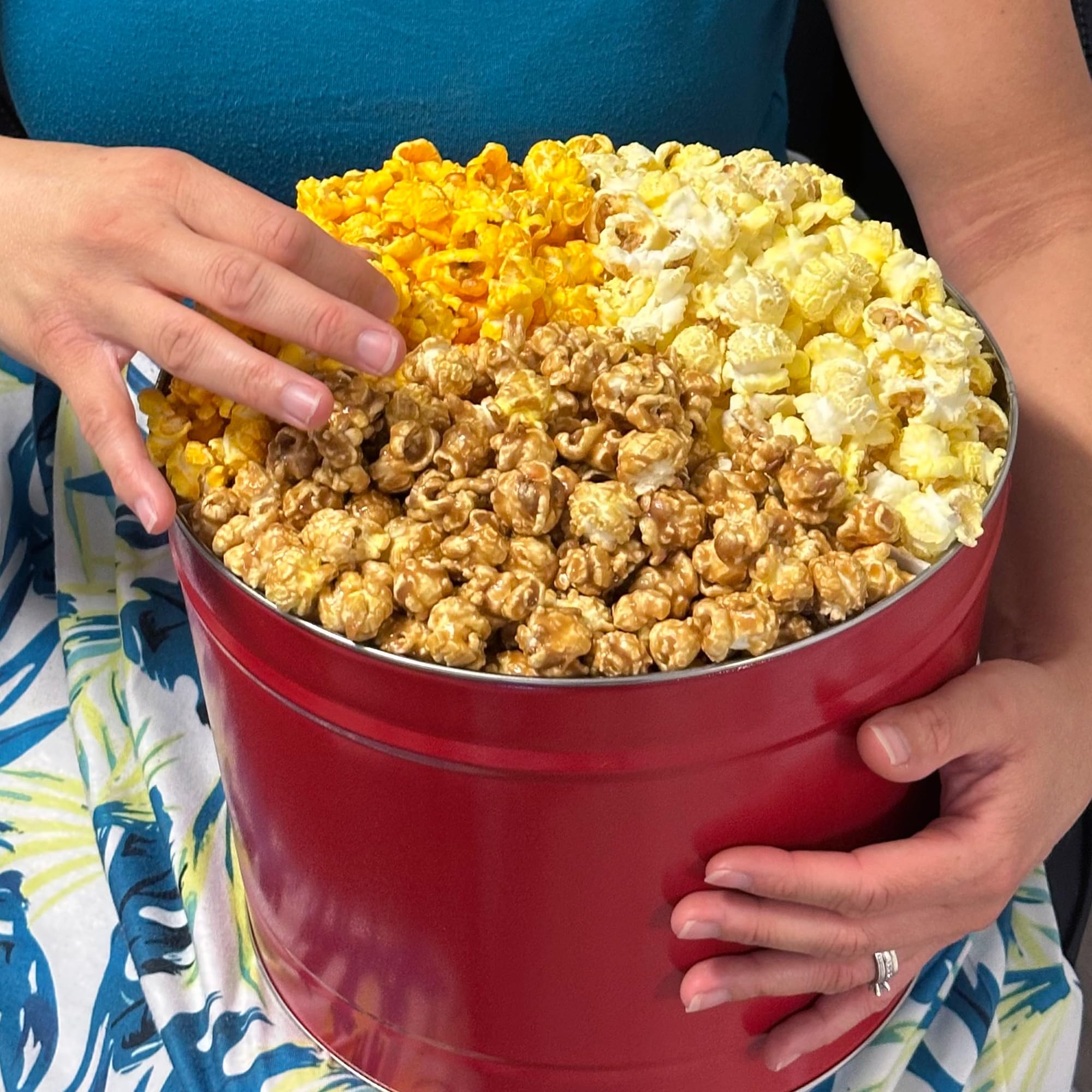 Signature Popcorn - 2-Gallon Solid Red Holiday Reusable Metal Tin - Butter, Caramel & Cheddar Cheese