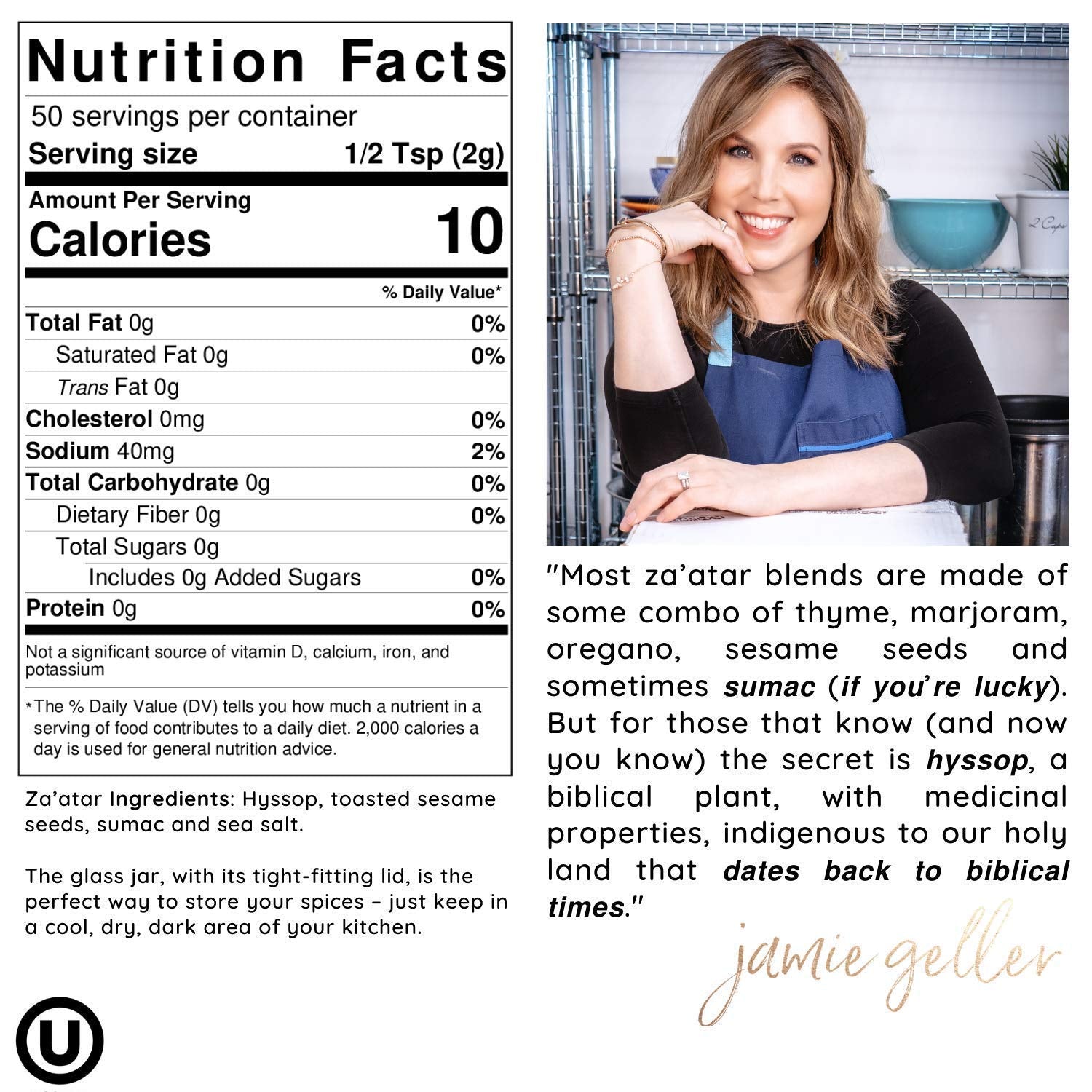 Jamie Geller Za'atar Spice Seasoning | Fresh Hyssop Herb Mix Spices (3.5 oz Glass Jar, 100g) OU KOSHER | Mediterranean Blend For Greek Yogurt, Hummus