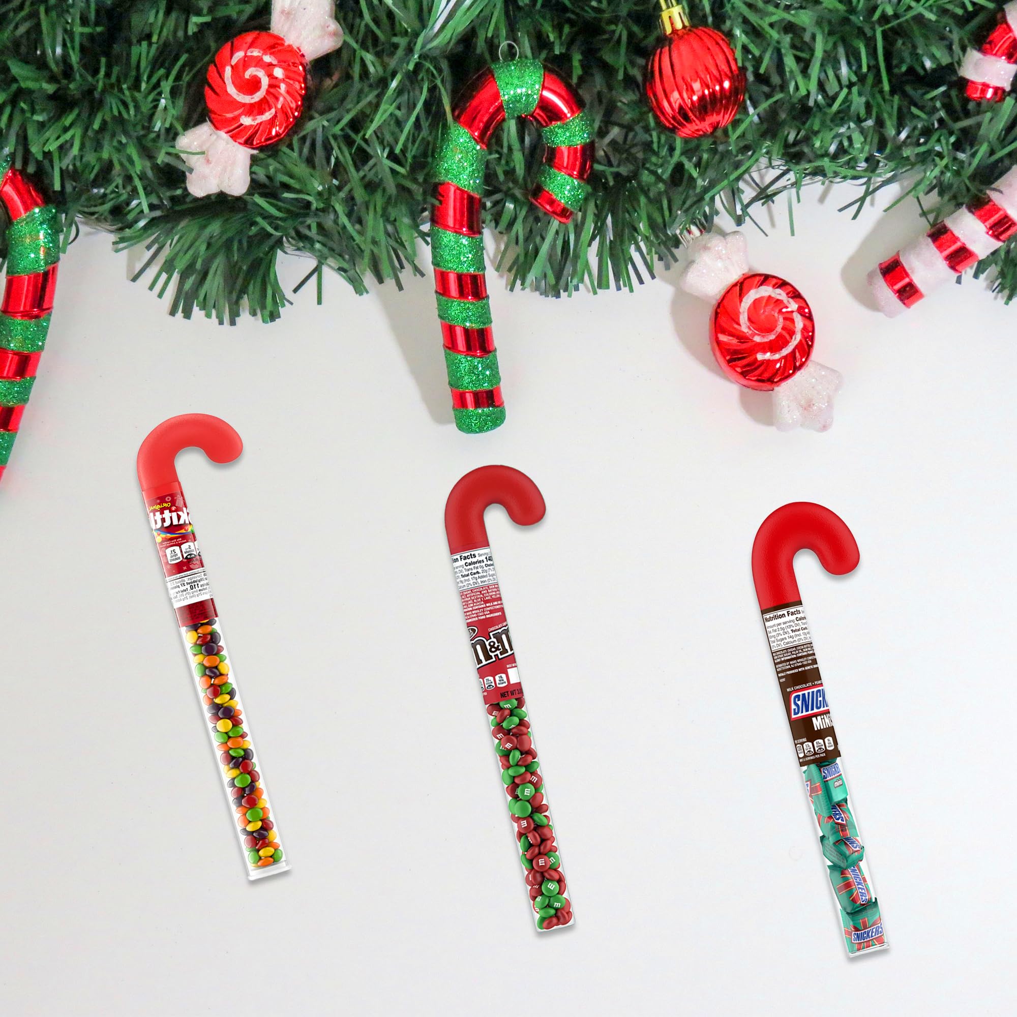 Snackivore Mini Snickers Candy Cane Tube, Christmas Skittles Filled Candy Cane Tube, and Christmas M Ms Candy Cane Tube- 3 Pack, Christmas Candy Canes