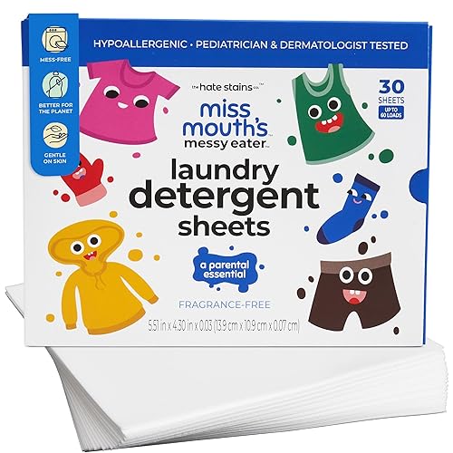 Miss Mouth's Laundry Detergent Sheets - 60 Loads, Unscented - Hypoallergenic & Sensitive Skin Friendly Laundry Sheets - Pediatrician & Dermatologist