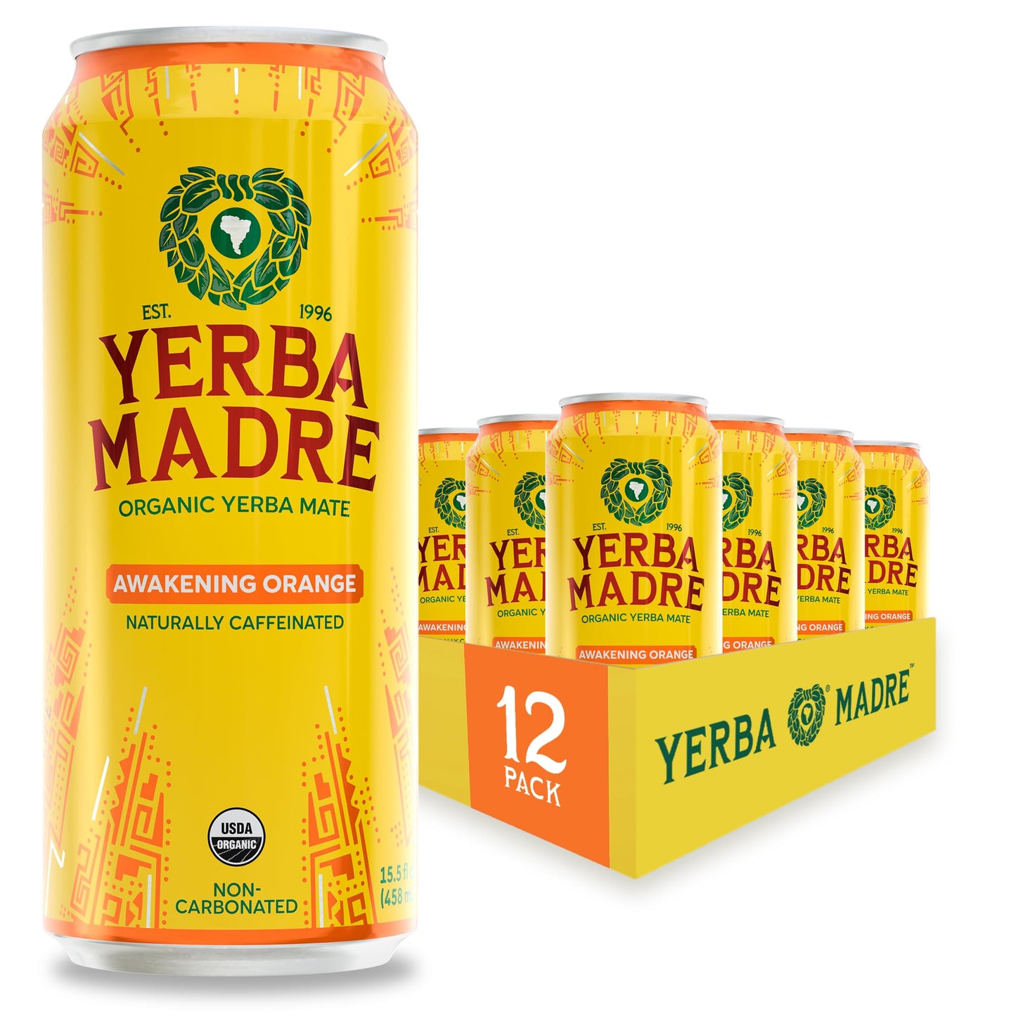 Yerba Madre Organic Yerba Mate, Awakening Orange, 150mg Natural Caffeine, Energy Drink Alternative, No Jitters or Crash, 15.5 Oz Cans (Pack of 12)