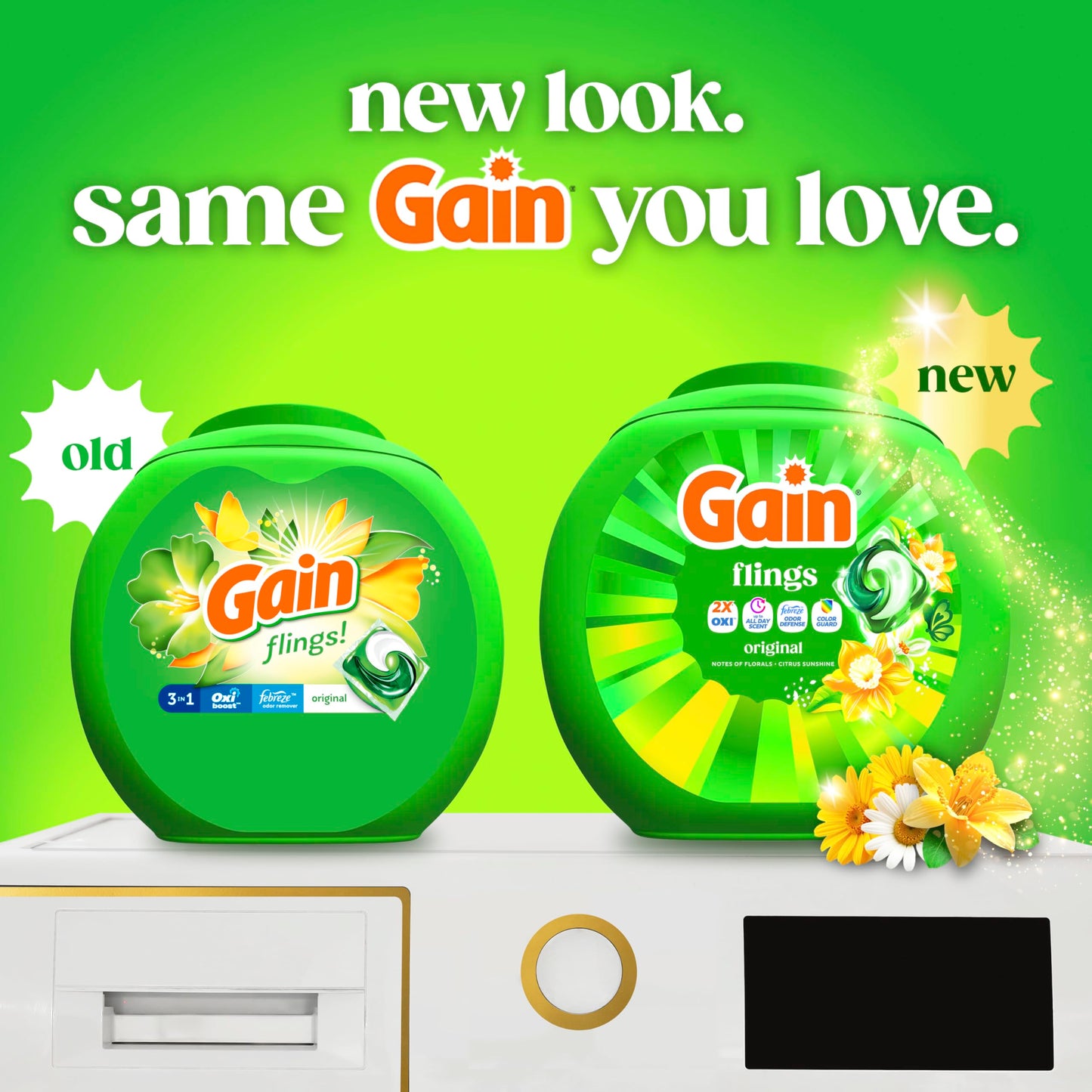 Gain Flings Liquid Washing Detergent Pods, Now with Odor Defense + Color Guard, Original Scent, 4-In-1 Liquid Laundry Detergent Pacs, Clean & Fresh