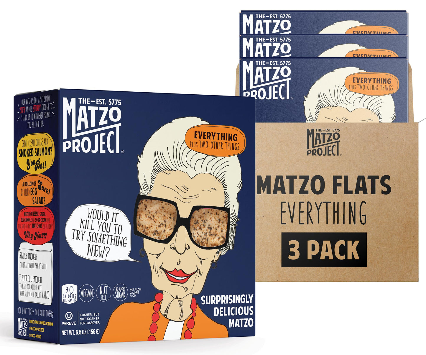 The Matzo Project Crispy Matzo Flats, Flatbread Crackers Sprinkled with (Almost) Everything, Vegan, Nut Free, All Natural, 3-Pack., 5.5 oz. Each