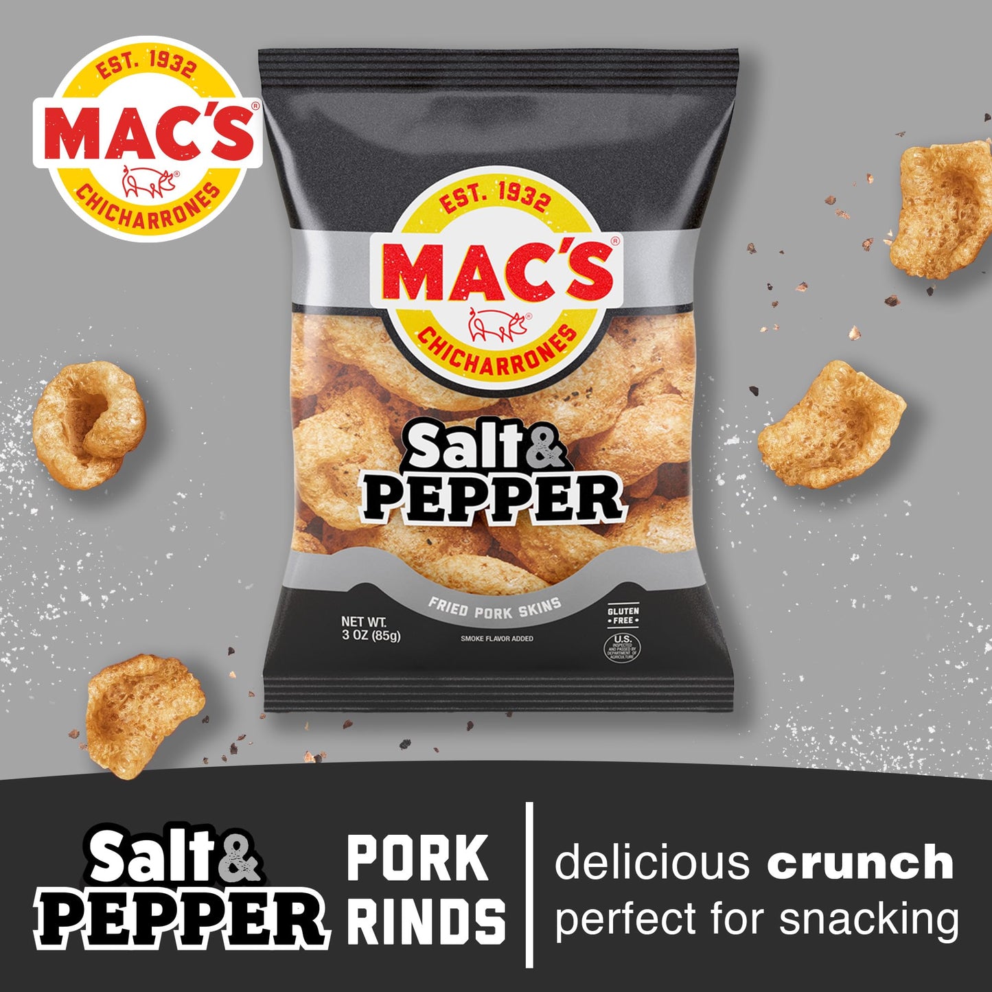 Mac's Salt and Pepper Fried Pork Skins - Salt & Pepper Flavored Chicharrones Pork Rinds - Low Carb, Gluten-Free, Keto-Friendly Snack- 3oz (12-Pack)