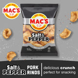 Mac's Salt and Pepper Fried Pork Skins - Salt & Pepper Flavored Chicharrones Pork Rinds - Low Carb, Gluten-Free, Keto-Friendly Snack- 3oz (12-Pack)