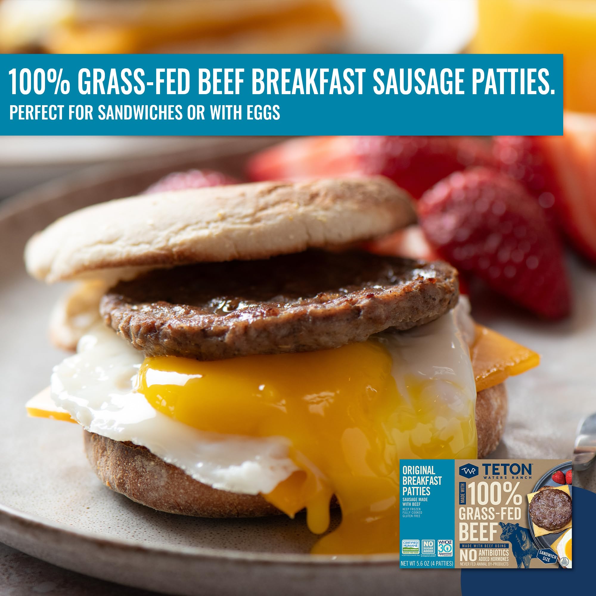 Teton Waters Ranch Breakfast Sausage Patties, 100% Grass-Fed Beef, Fully Cooked, Frozen Beef Breakfast Patties, No Sugar, No Nitrates or Nitrates