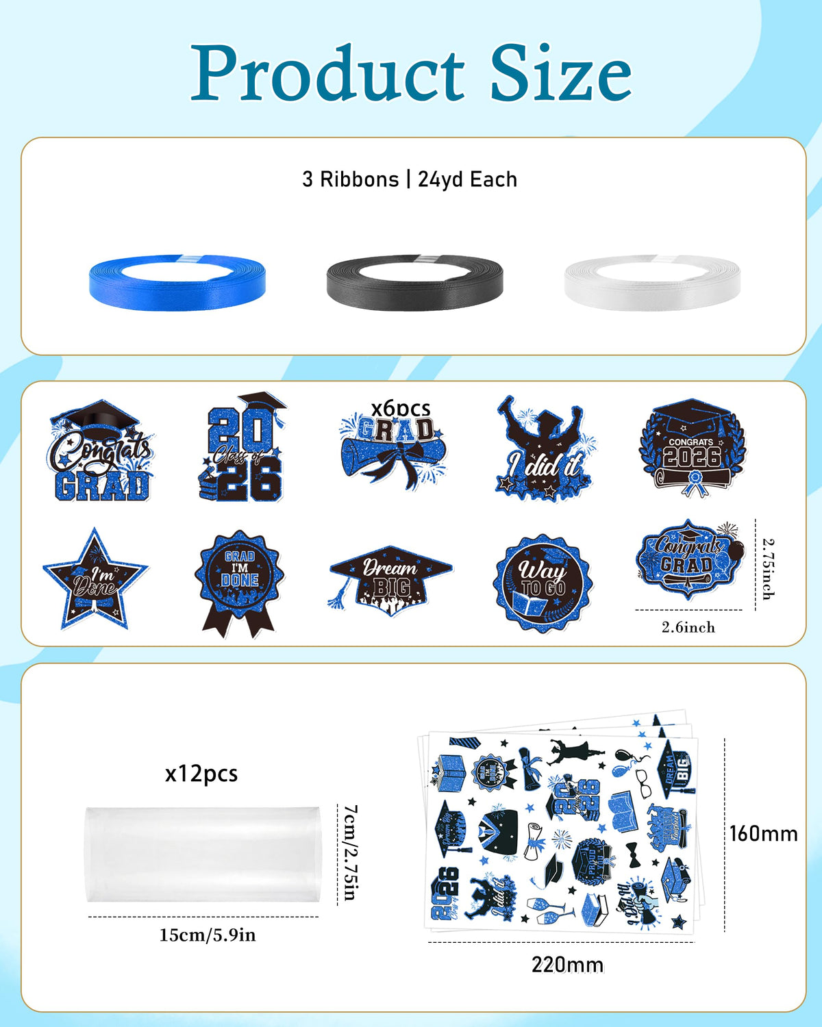 CRASHOT Graduation Candy Lei Making Kit, DIY 2026 Graduation Lei Gift Set with 12 Clear Bags, 3 Rolls Satin Ribbon (Royal Blue/Black/White), 6
